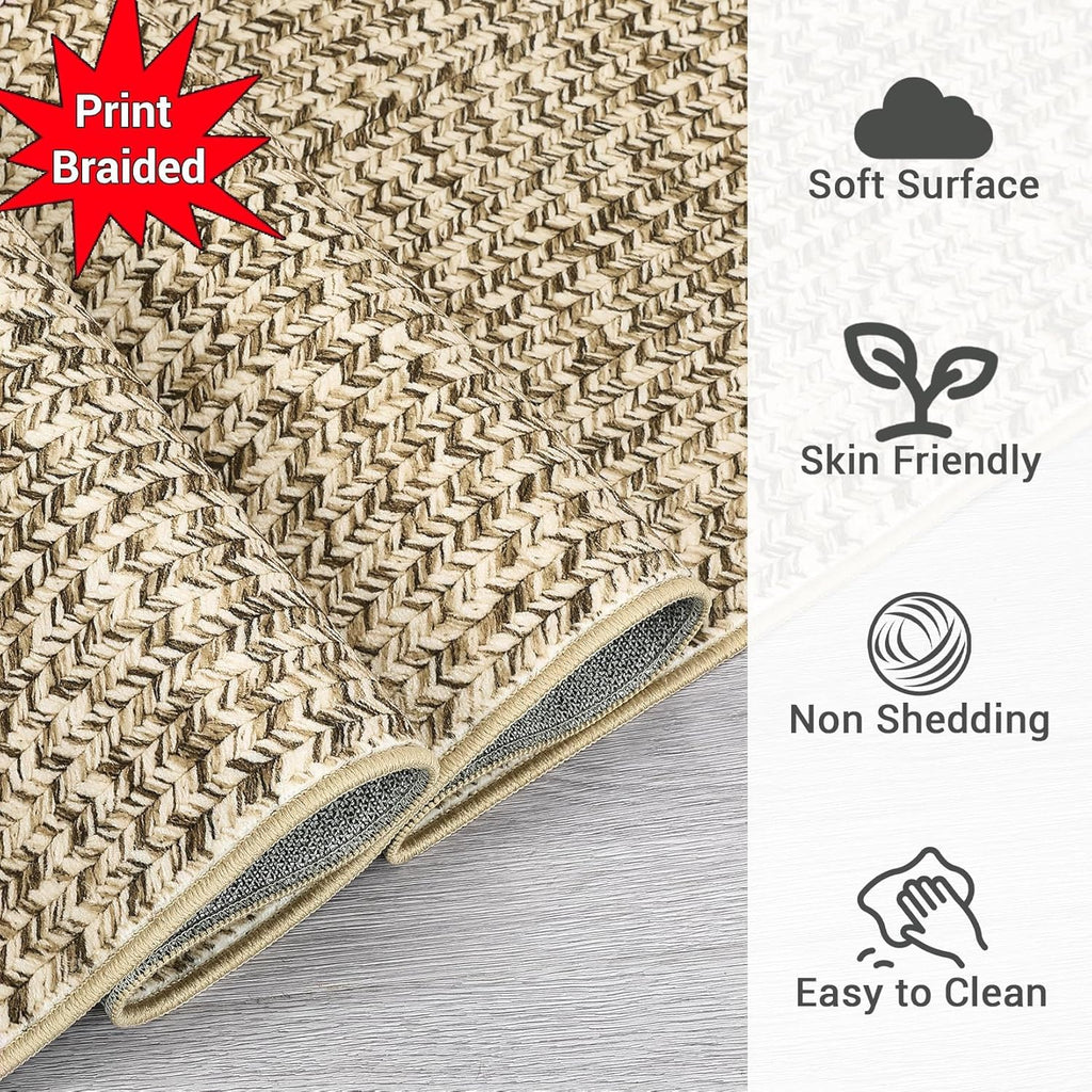 8x10 Natural Braided Washable Farmhouse Rug Non Slip Stain Resistant Low Pile Carpet