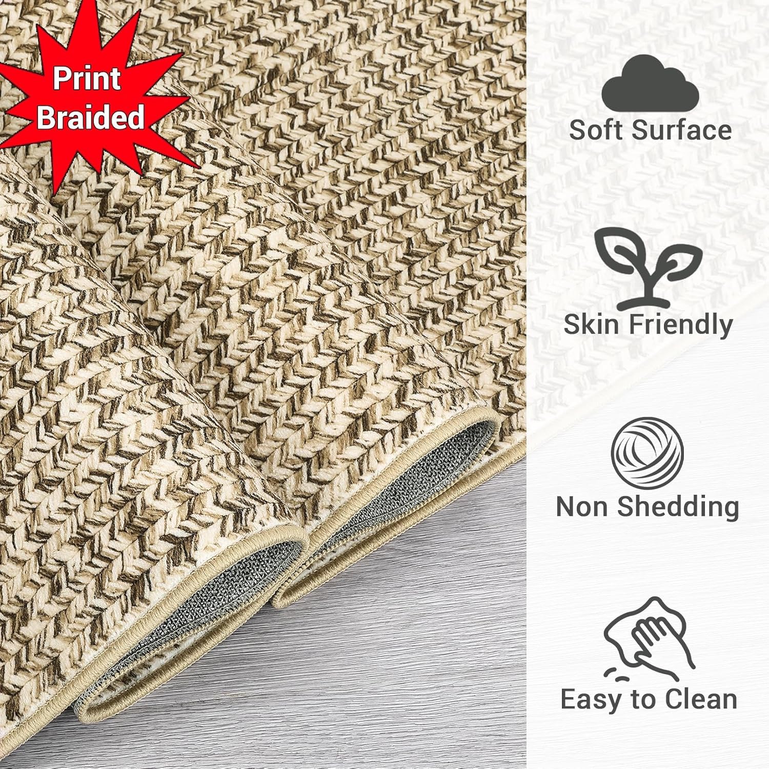 8x10 Natural Braided Washable Farmhouse Rug Non Slip Stain Resistant Low Pile Carpet