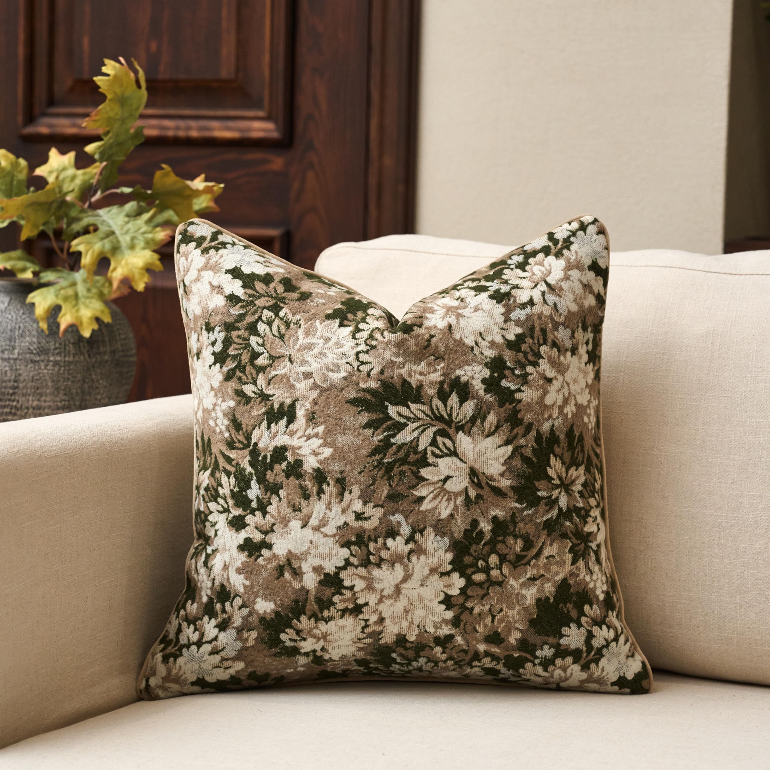 Yangest Neutral Floral Pillow Cover 24 x 24 Inches, Vintage Chenille Square Throw Pillow Cover Soft Decorative Farmhouse Accent Couch Pillow Cover for Living Room Bedroom, Coffee Brown