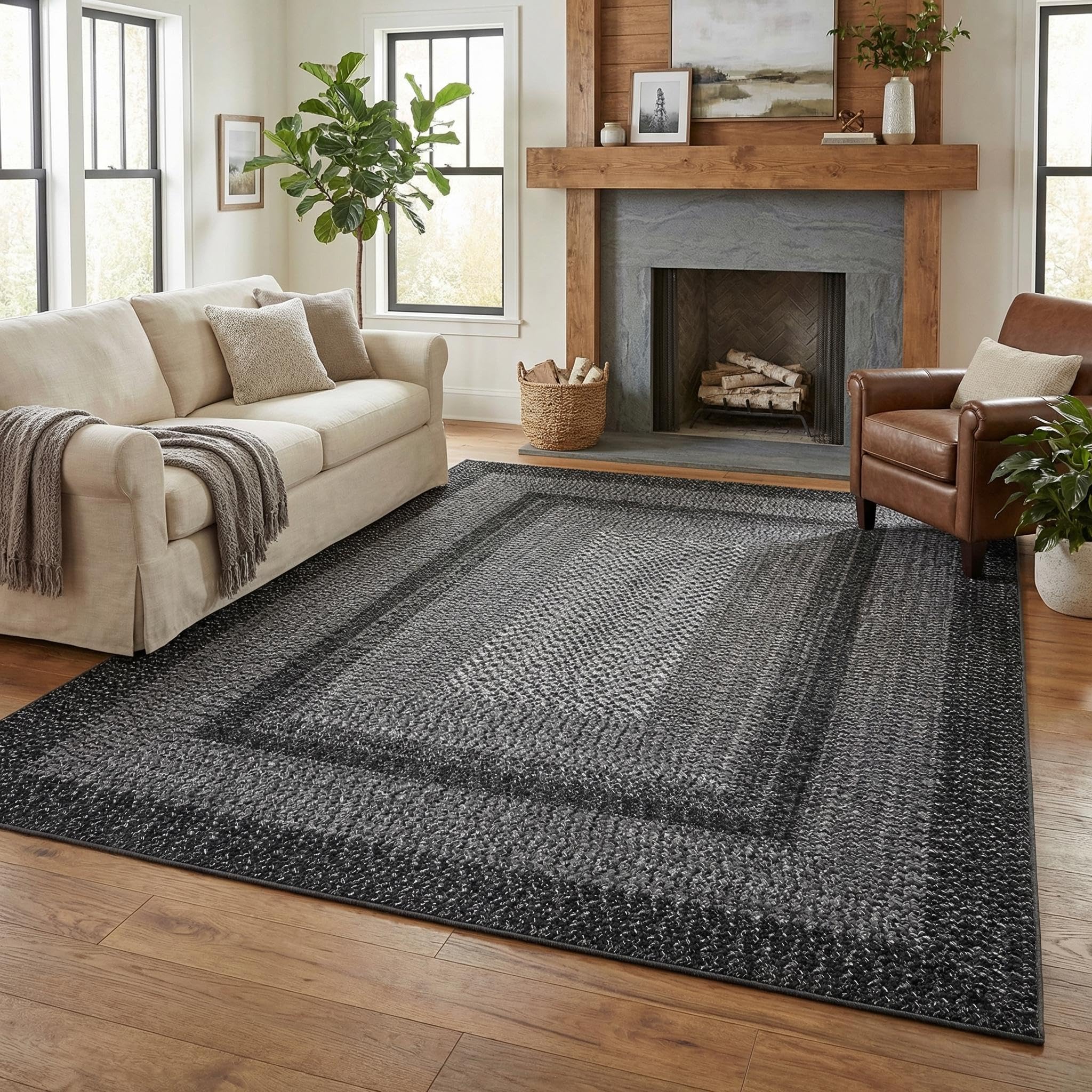 8x10 Natural Braided Washable Farmhouse Rug Non Slip Stain Resistant Low Pile Carpet