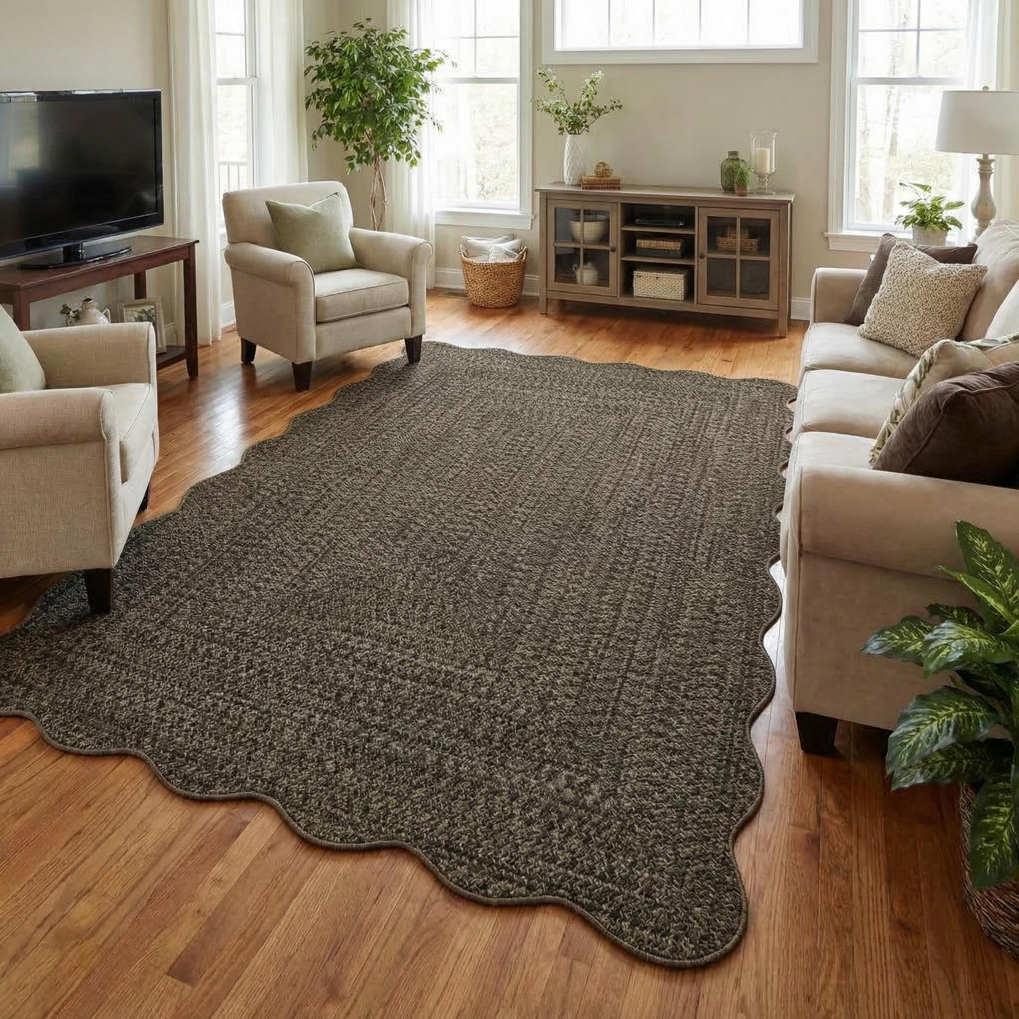 8x10 Natural Braided Washable Farmhouse Rug Non Slip Stain Resistant Low Pile Carpet