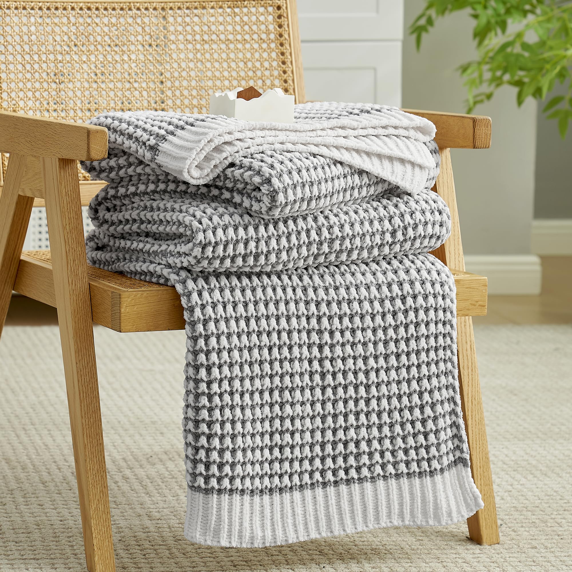 Sage Green Chunky Chenille Knit Throw Blanket 50x60 Inch Checkered Decor Blanket for Couch Bed