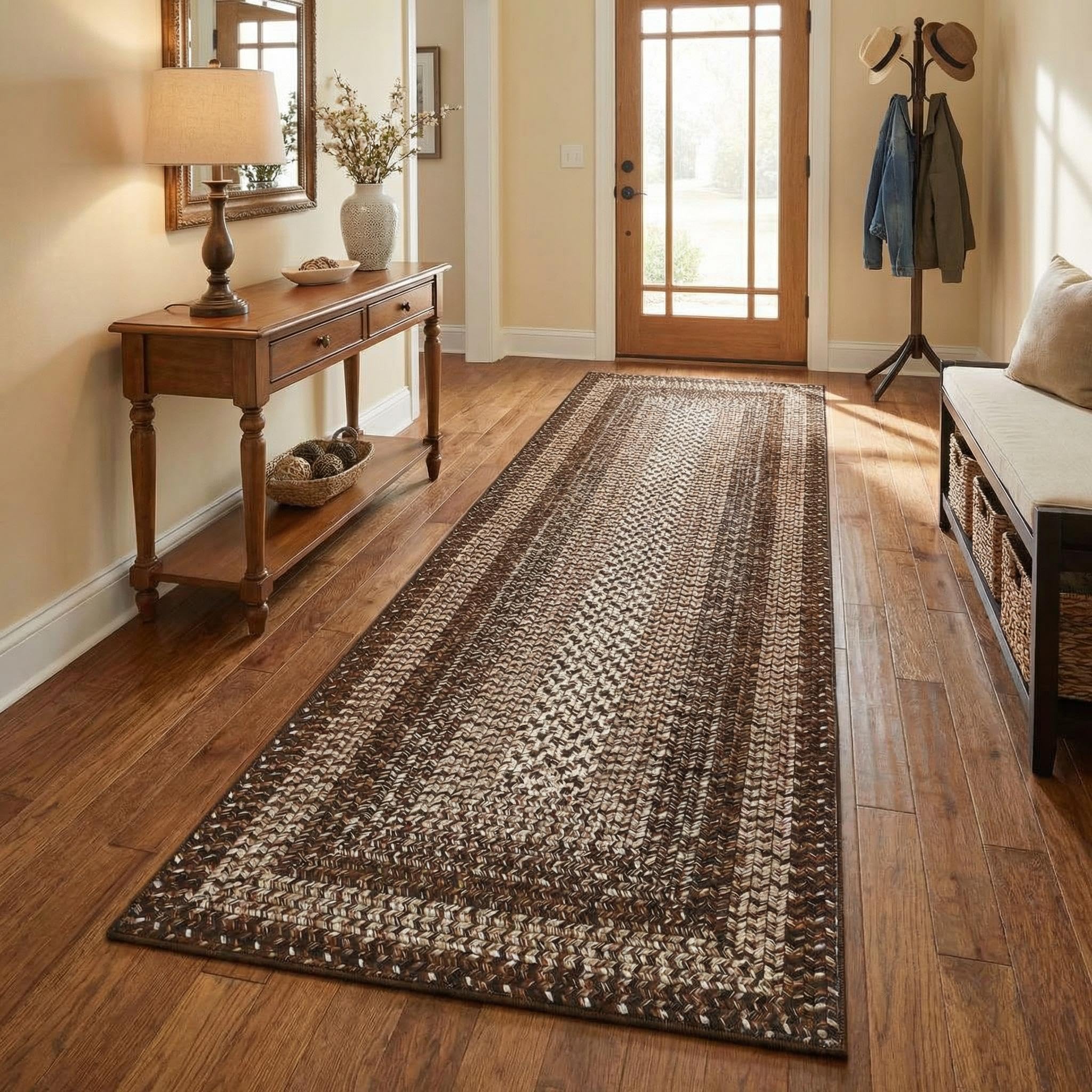 8x10 Natural Braided Washable Farmhouse Rug Non Slip Stain Resistant Low Pile Carpet