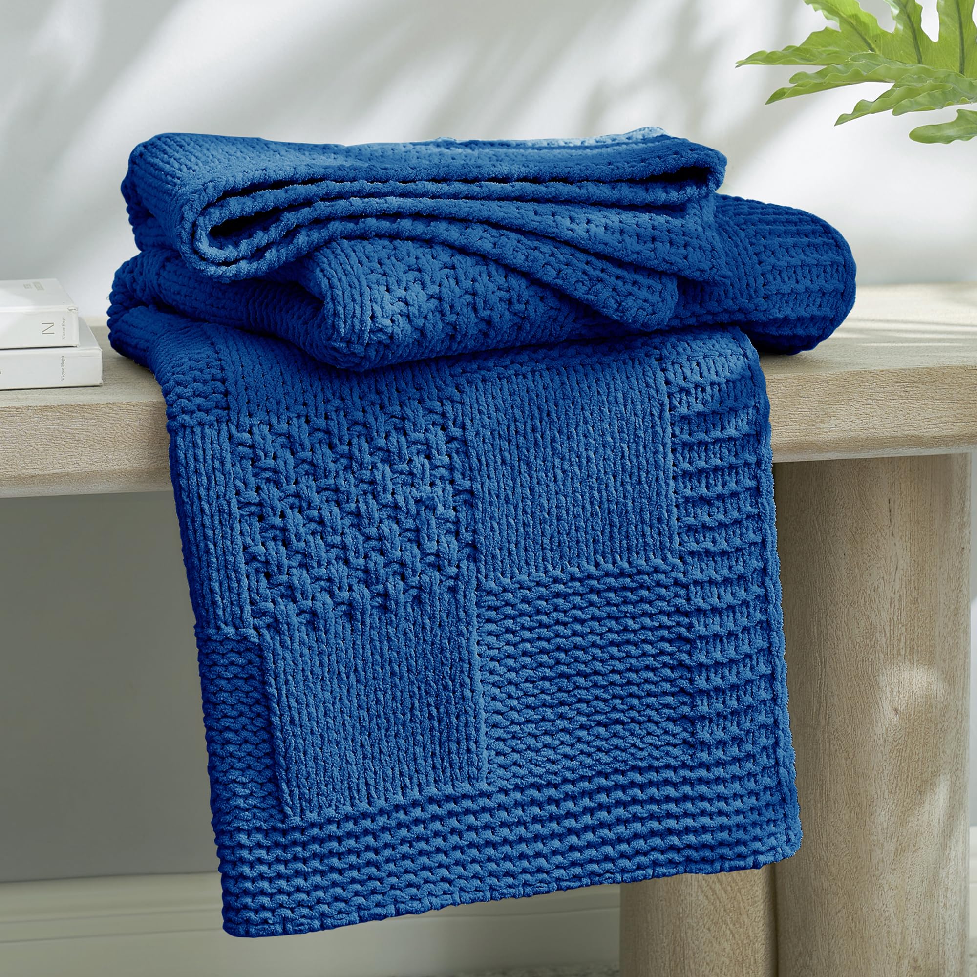 Sage Green Chunky Chenille Knit Throw Blanket 50x60 Inch Checkered Decor Blanket for Couch Bed