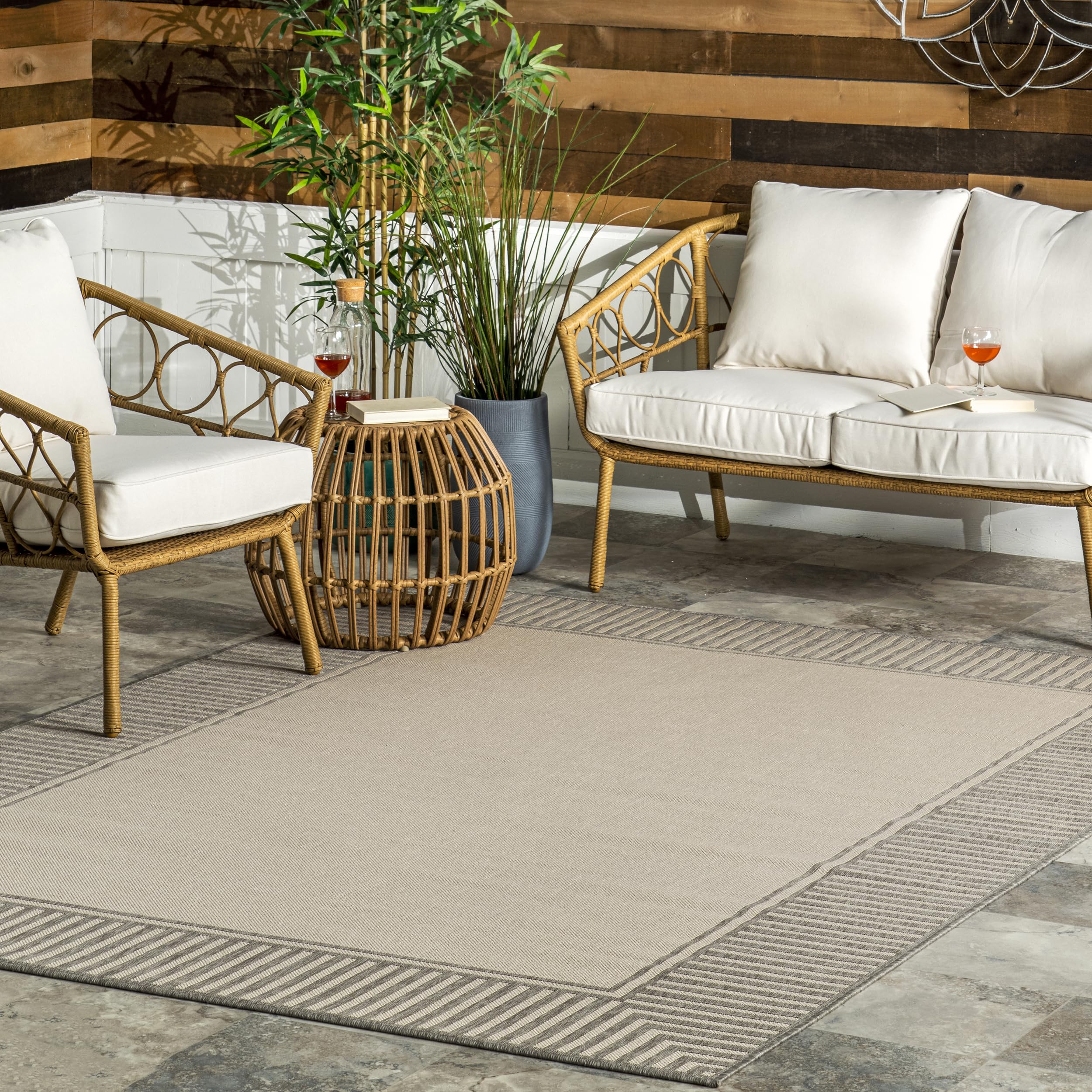 Nuloom Asha Light Brown/Ivory, 8' x 10', Casual, Striped Border, Soft and Cozy, High Traffic, Easy Clean, Durable Area Rug for Indoor/Outdoor Patio, Deck, Porch, Garden, Courtyard