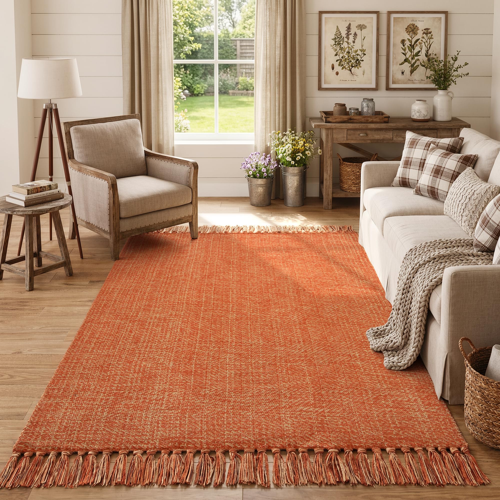 Collive Comfy Area Rug 4' x 6', Tan/Cream Woven Cotton Bedroom Rugs, Modern Indoor Accent Rug Floor Carpet with Tassel for Living Room, Nursery Room, Dining Room, Bedside, Office, Patio Decor