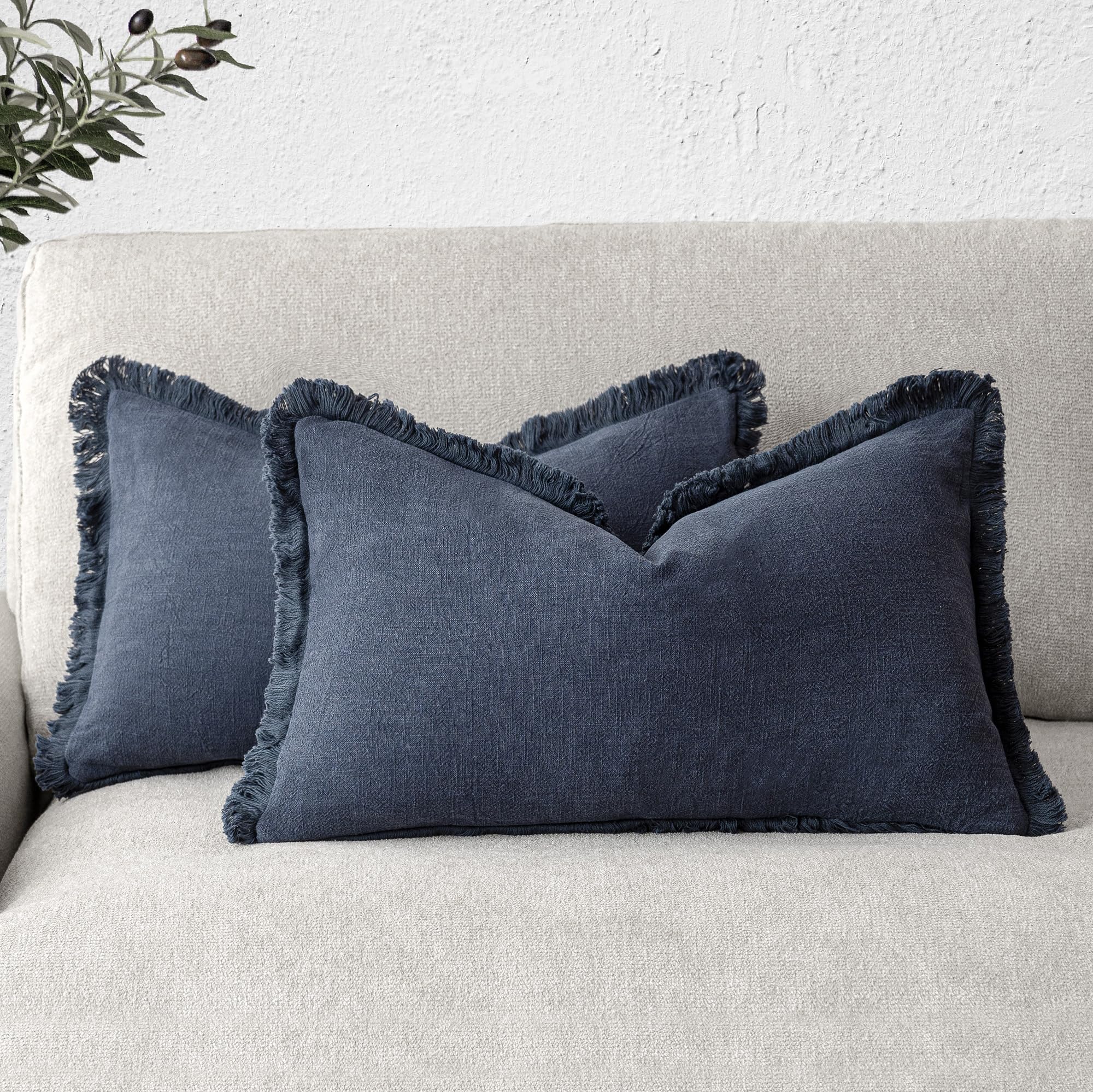 Foindtower Set of 2 Decorative Linen Fringe Throw Pillow Covers Boho Farmhouse Cushion Cover with Tassels Soft Accent Pillowcase for Couch Chair Sofa Bed Living Room Home Decor,20×20 Inch,Sky Blue