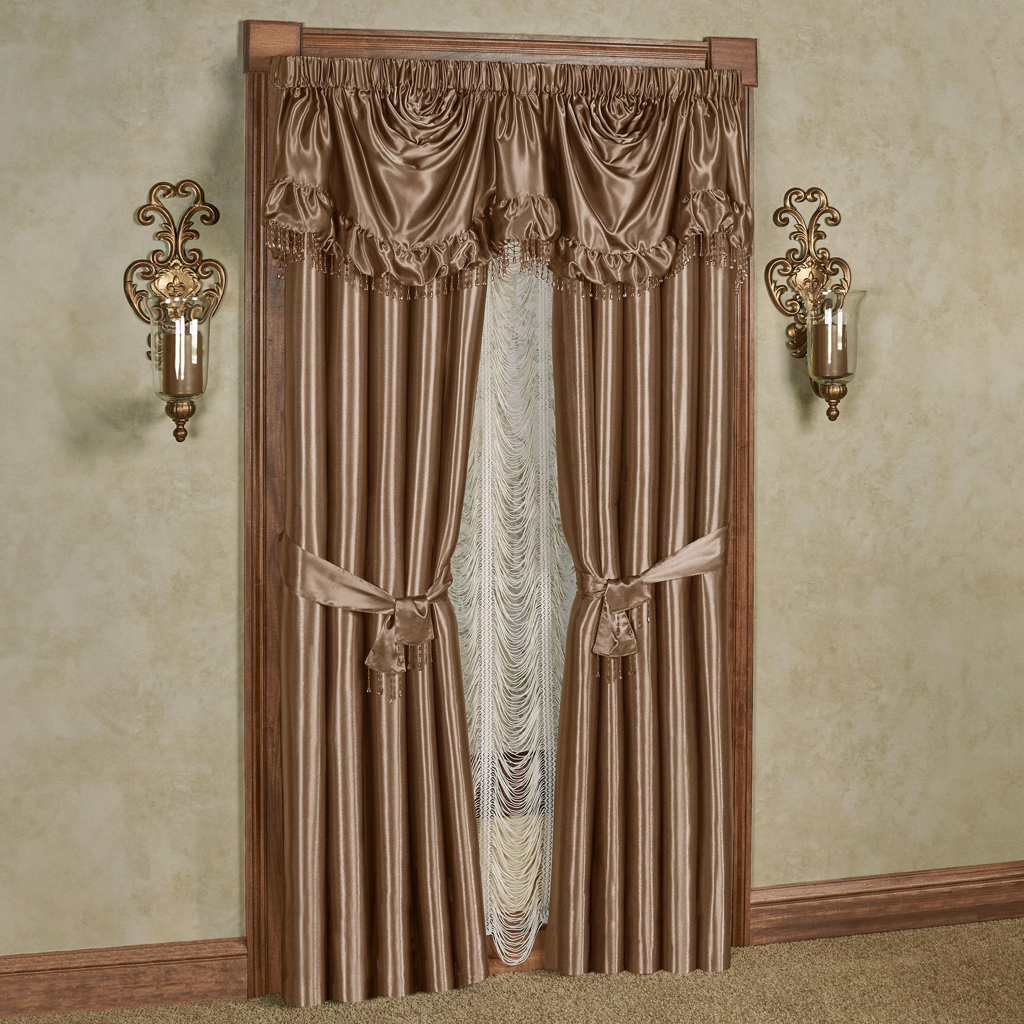 Touch of Class Portia Luxury Window Treatment | Rich Smoky Topaz | Premier Smooth Polyester Satin Elegant 2 Piece Lined Window Drapery Set with Empire Valance and 84 Inch Long Curtain Pair