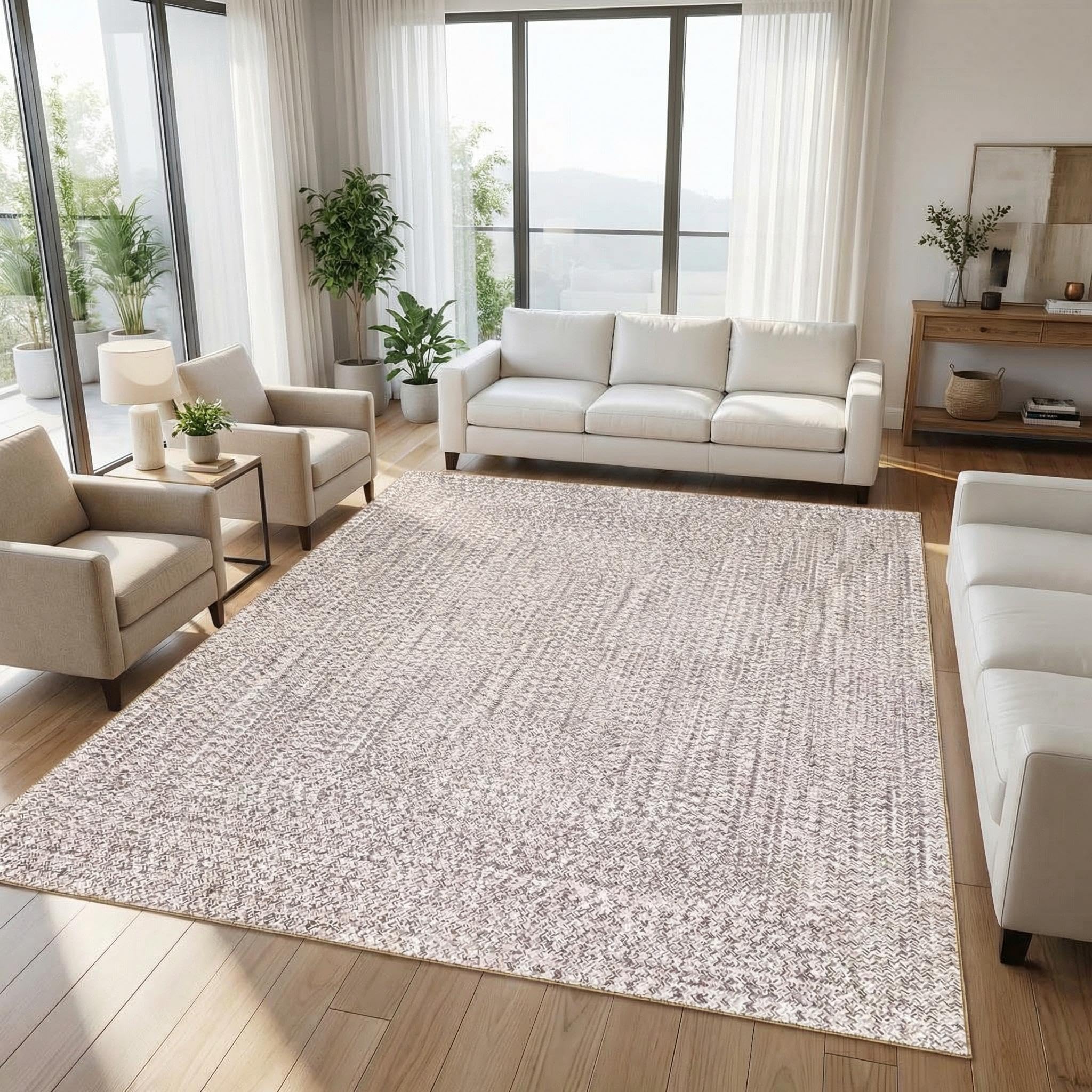 8x10 Natural Braided Washable Farmhouse Rug Non Slip Stain Resistant Low Pile Carpet