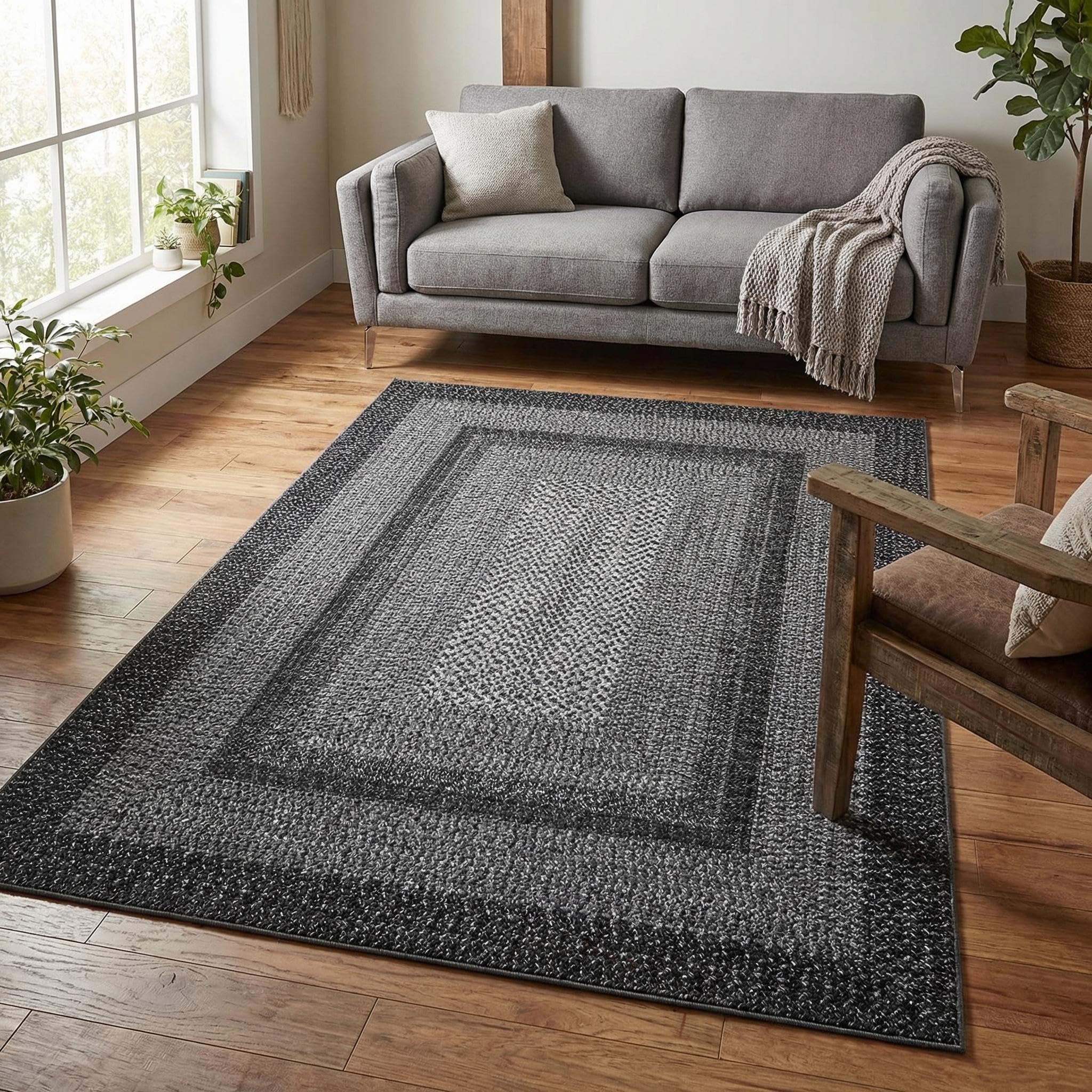8x10 Natural Braided Washable Farmhouse Rug Non Slip Stain Resistant Low Pile Carpet
