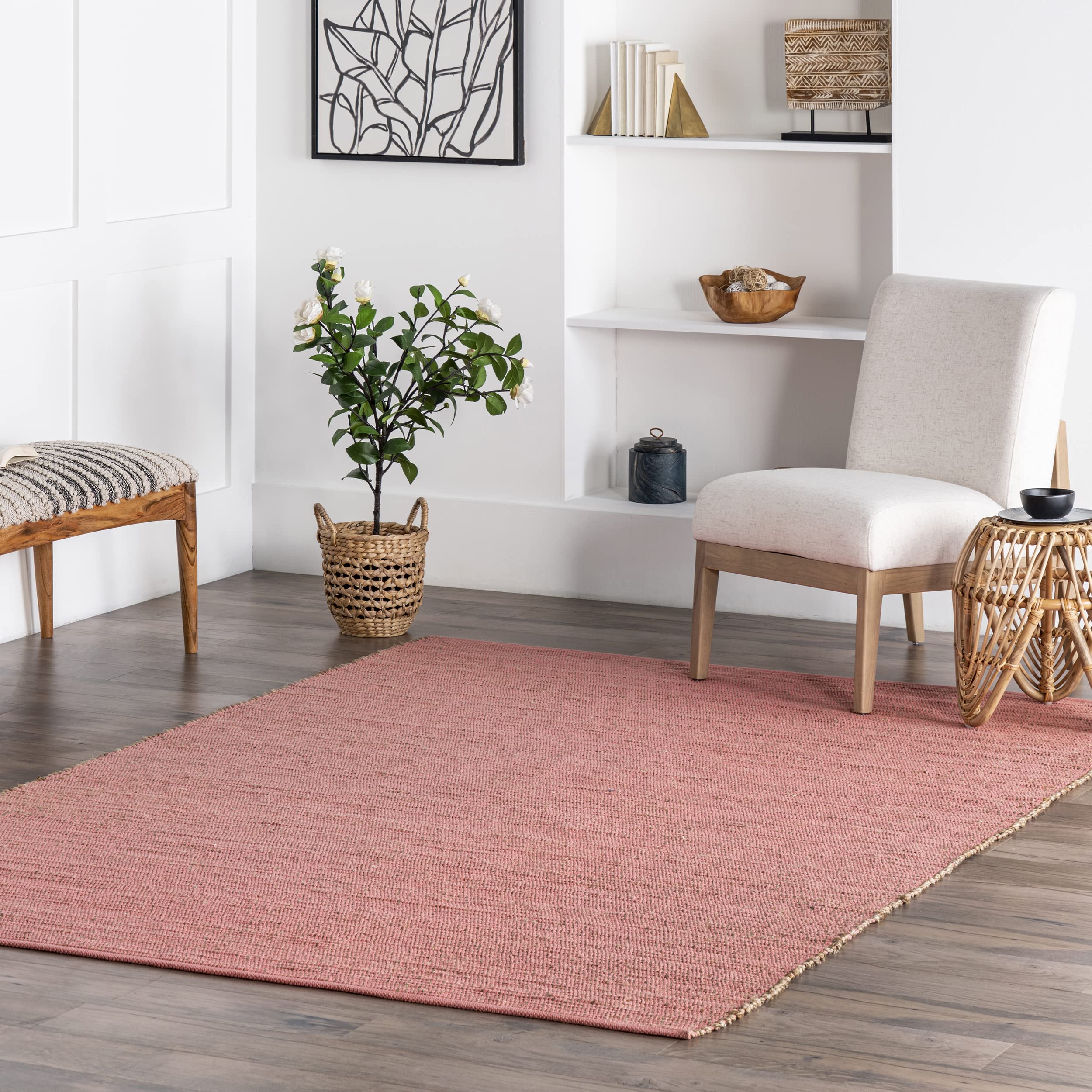 nuLOOM 5x8 Elfriede Jute & Cotton Hand Woven Area Rug, Natural, Solid Rustic Farmhouse Style, Weaved Design, Natural Fiber, For Bedroom, Living Room, Dining Room, Hallway, Office, Entryway