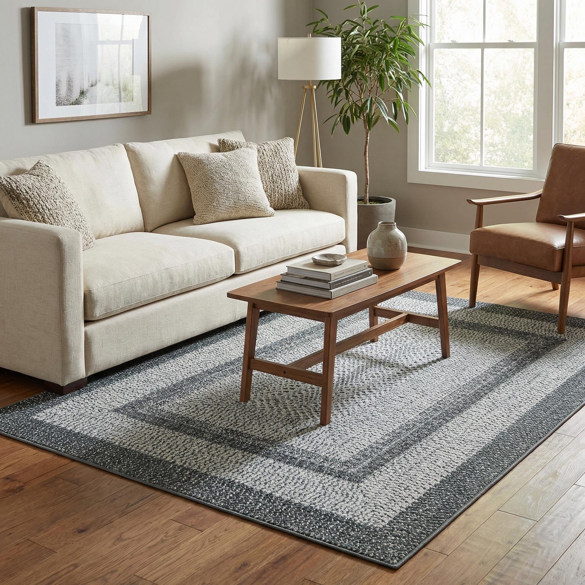 8x10 Natural Braided Washable Farmhouse Rug Non Slip Stain Resistant Low Pile Carpet