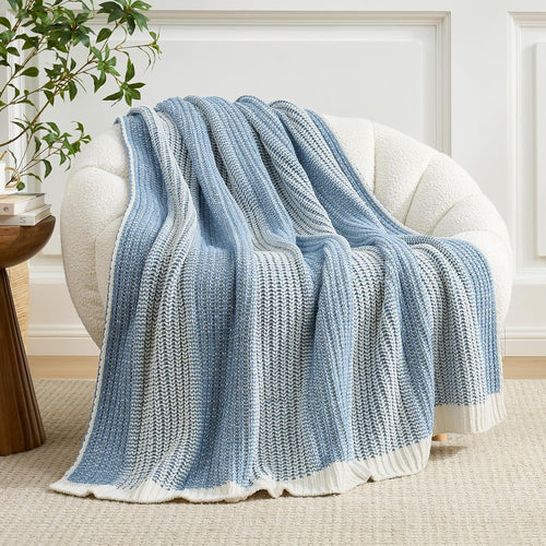 Amélie Home Premium Chenille Throw Blanket, Soft Cozy Luxury Two-Tone Knit Blanket for Couch, Sofa, Chair, Home Decor, Blue & Ivory 50"x60"