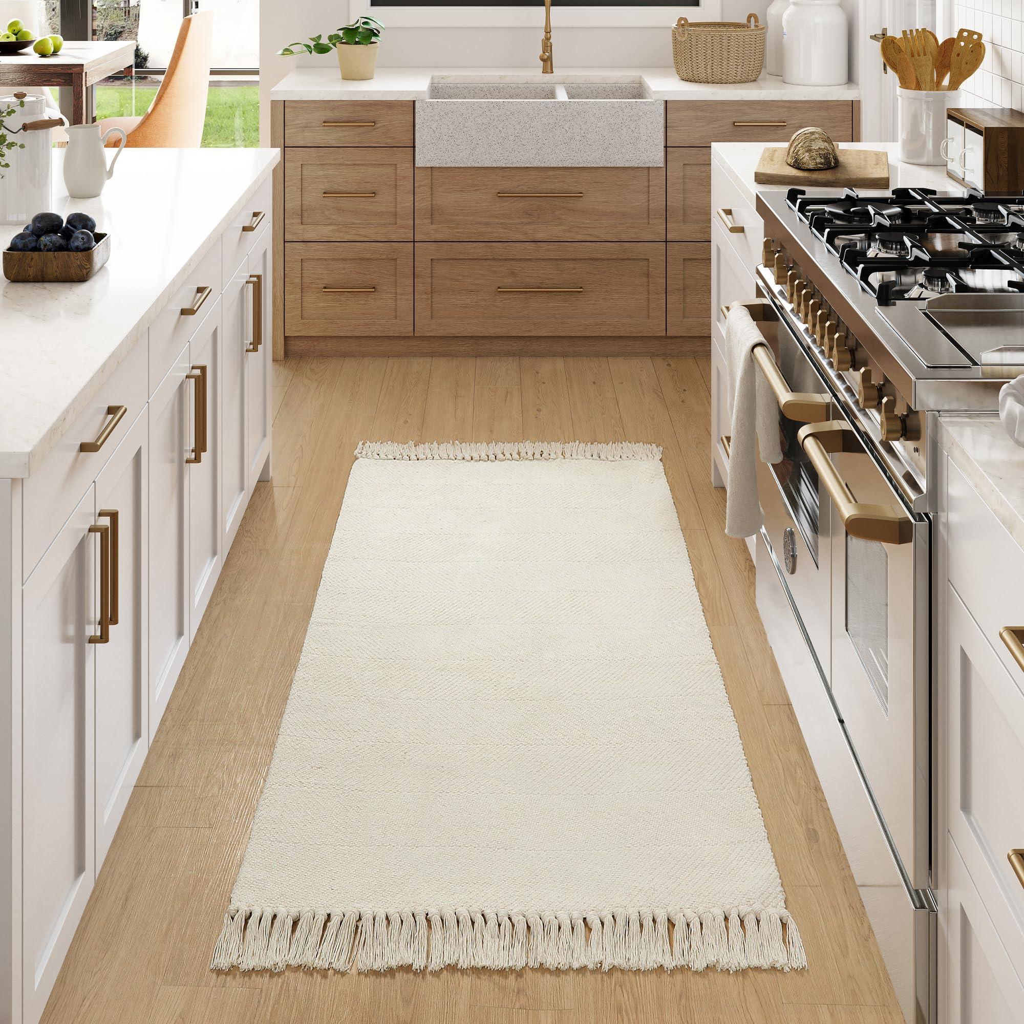 Collive Comfy Area Rug 4' x 6', Tan/Cream Woven Cotton Bedroom Rugs, Modern Indoor Accent Rug Floor Carpet with Tassel for Living Room, Nursery Room, Dining Room, Bedside, Office, Patio Decor