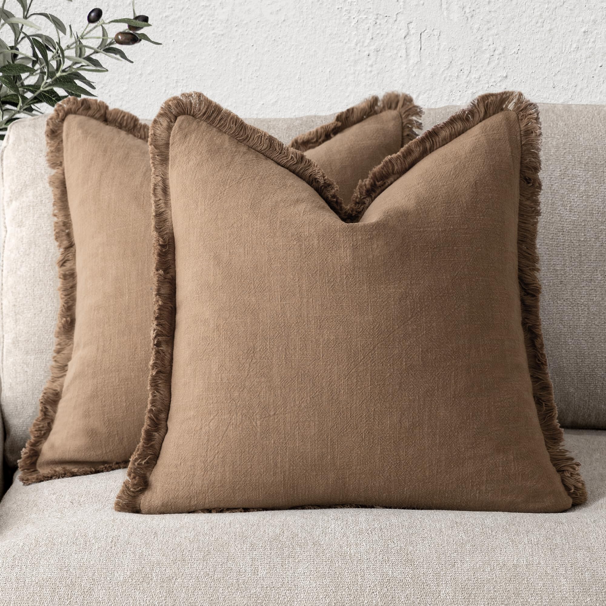 Foindtower Set of 2 Decorative Linen Fringe Throw Pillow Covers Boho Farmhouse Cushion Cover with Tassels Soft Accent Pillowcase for Couch Chair Sofa Bed Living Room Home Decor,20×20 Inch,Sky Blue