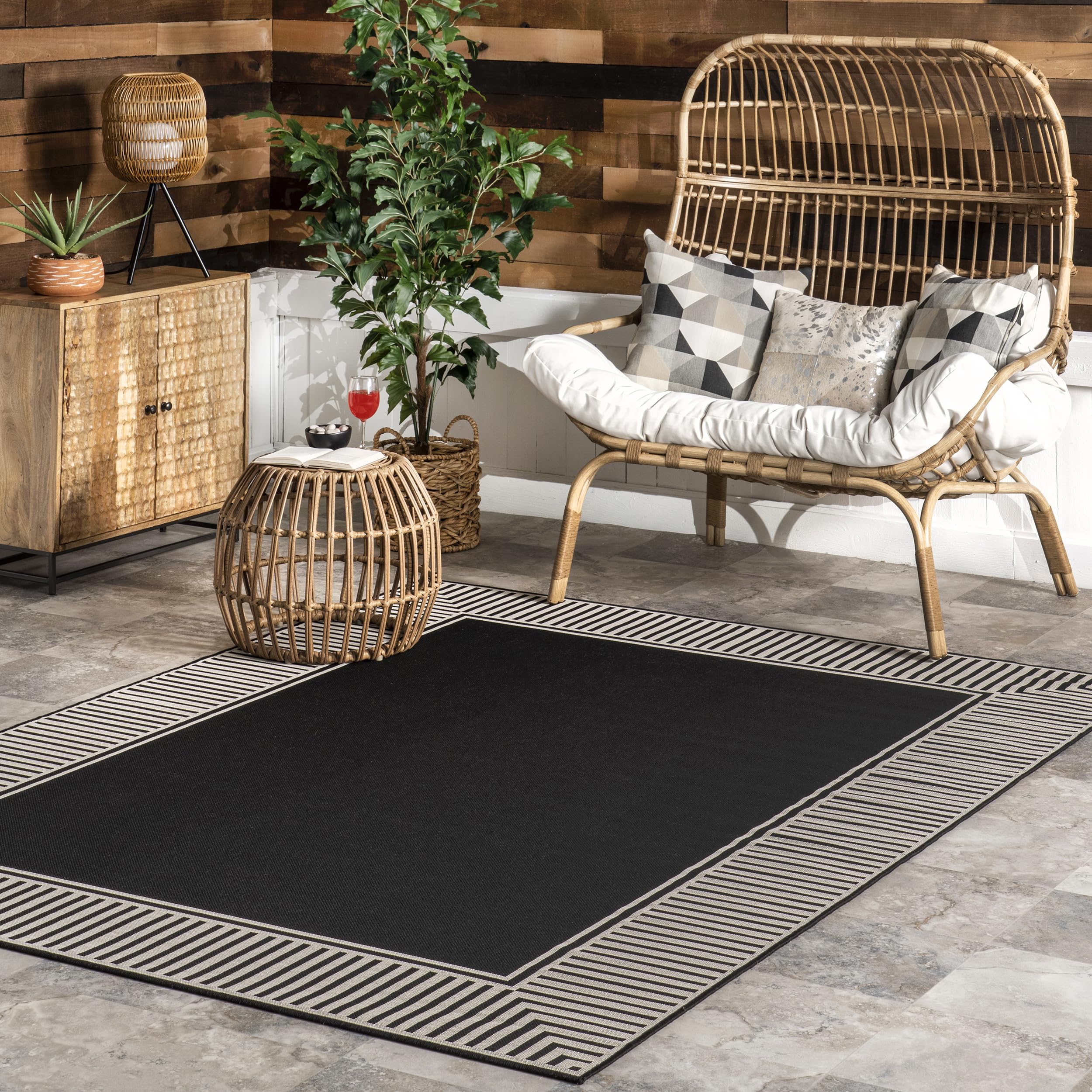 Nuloom Asha Light Brown/Ivory, 8' x 10', Casual, Striped Border, Soft and Cozy, High Traffic, Easy Clean, Durable Area Rug for Indoor/Outdoor Patio, Deck, Porch, Garden, Courtyard