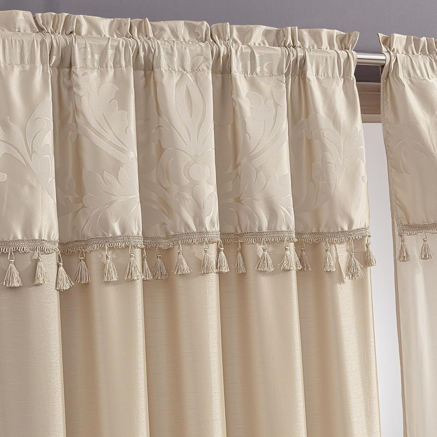 Chezmoi Collection Royale 4-Piece Jacquard Floral Window Curtain/Drape Set with Sheer Backing Valance Tassels, Champagne