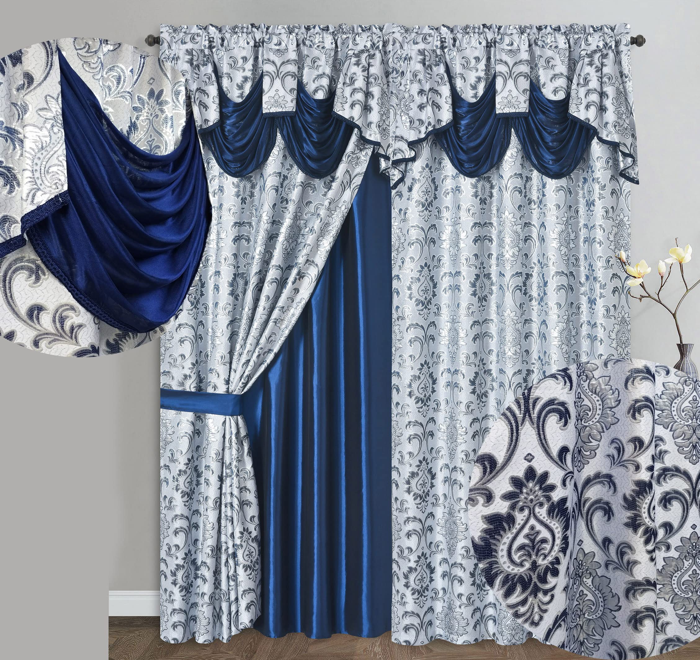 GOHD Samba Star. Jacquard Window Curtain Panel Drape with Attached Fancy Valance and Taffeta Backing. 2pcs Set. Each pc 54" Wide x 90" Drop with 18" Valance. (Sand)