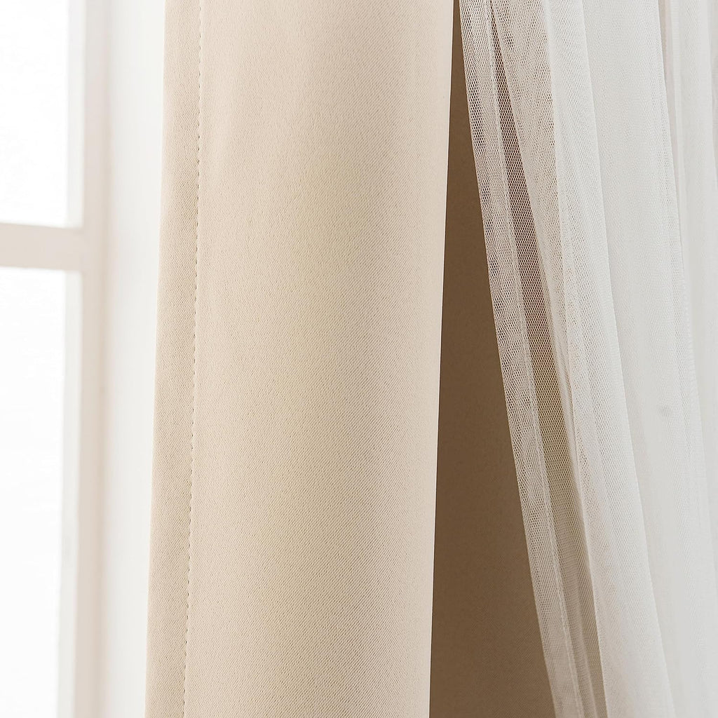 INLINAS Beige Blackout Curtains with Sheer Overlay - Grommet Top Thermal and Noise Reduction Panels for Bedroom and Living Room Light Blocking and Energy Saving, 52 x 84 Inches, Set of 2
