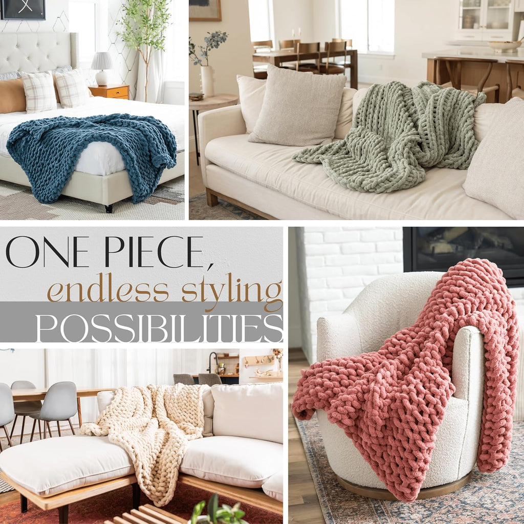 SAMIAH LUXE Chunky Knit Throw Blanket 50x70, Sage Green Chenille Throw Blanket for Couch Bed Sofa, Soft Fluffy Cable Knit Blanket, Oeko-TEX Certified, Machine Washable