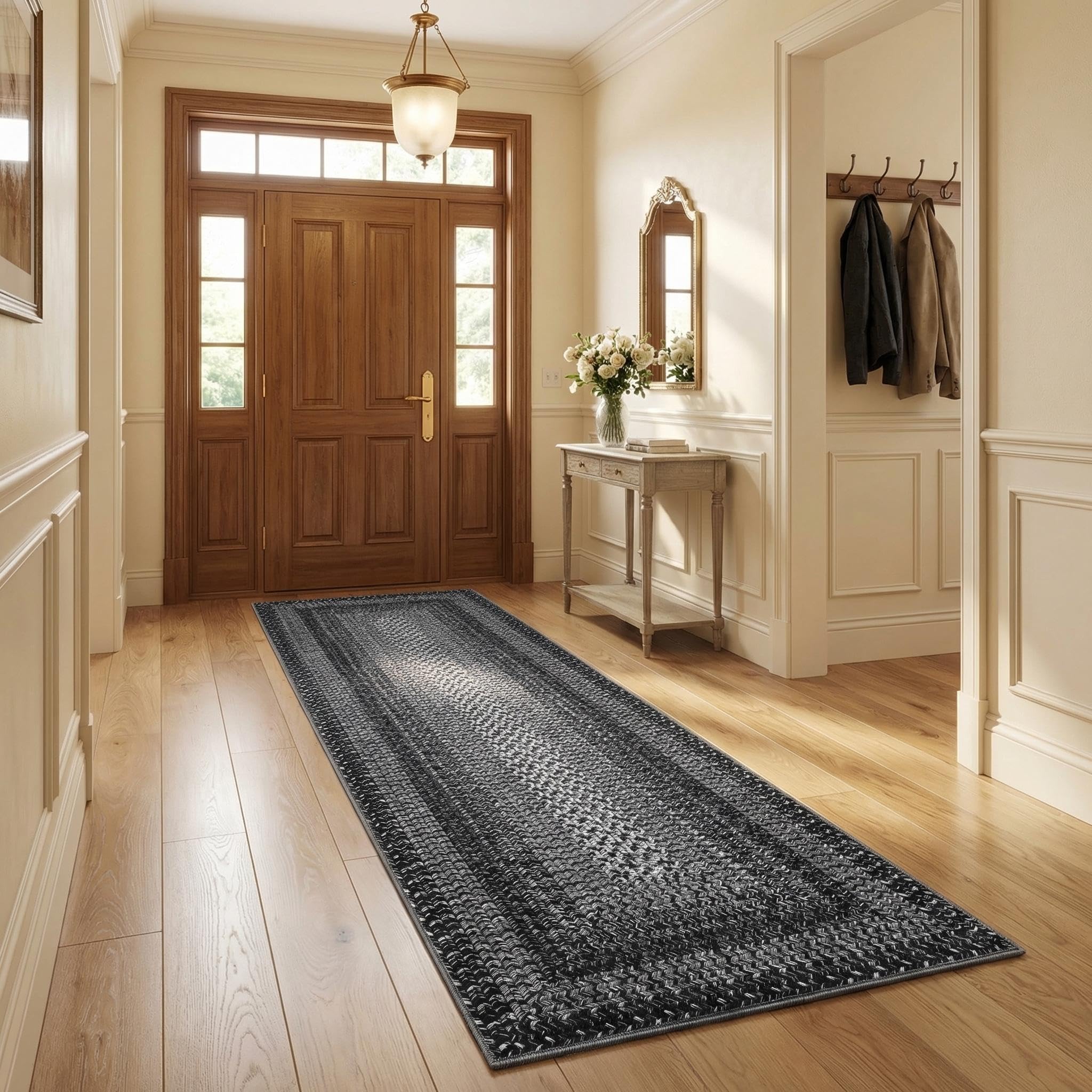 8x10 Natural Braided Washable Farmhouse Rug Non Slip Stain Resistant Low Pile Carpet