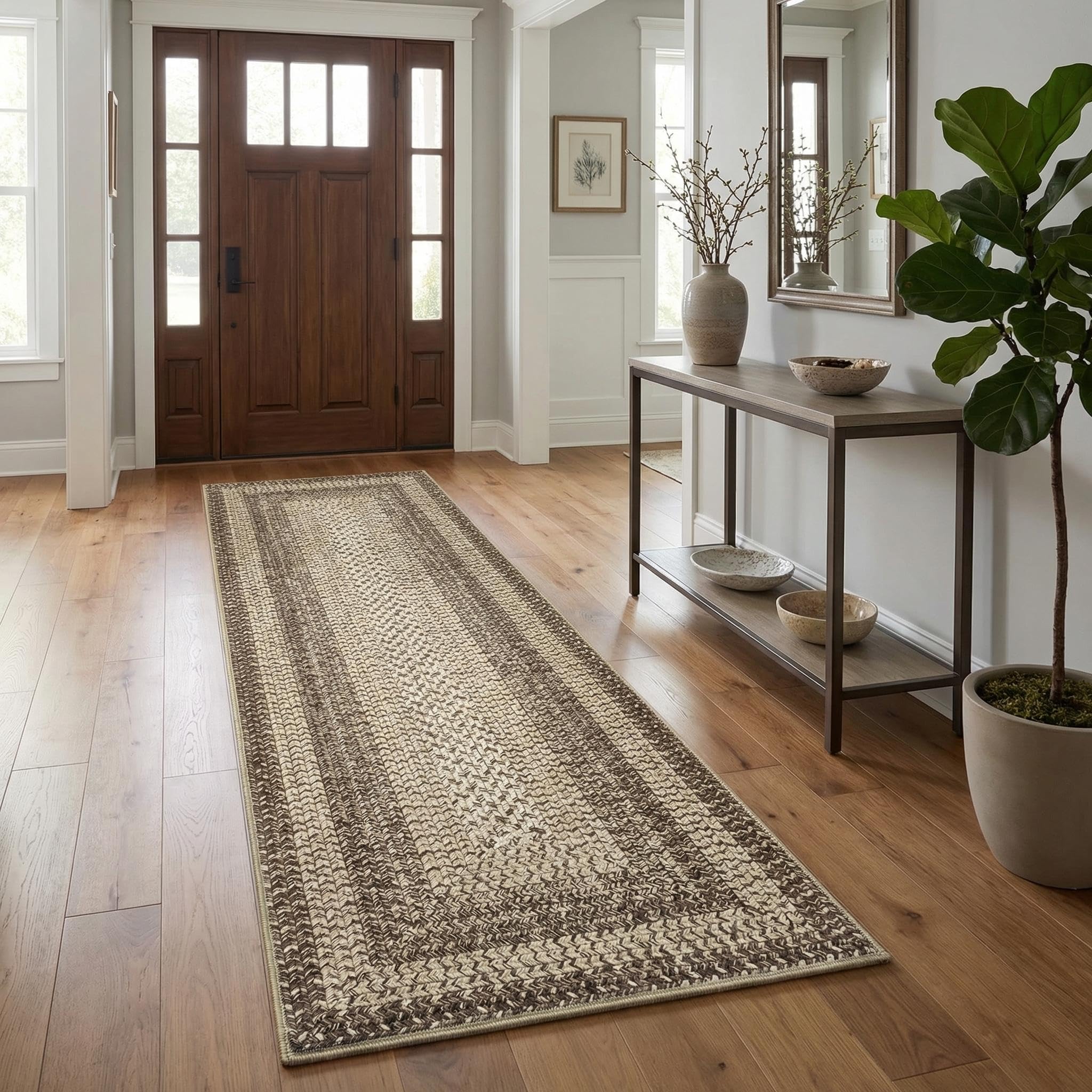 8x10 Natural Braided Washable Farmhouse Rug Non Slip Stain Resistant Low Pile Carpet