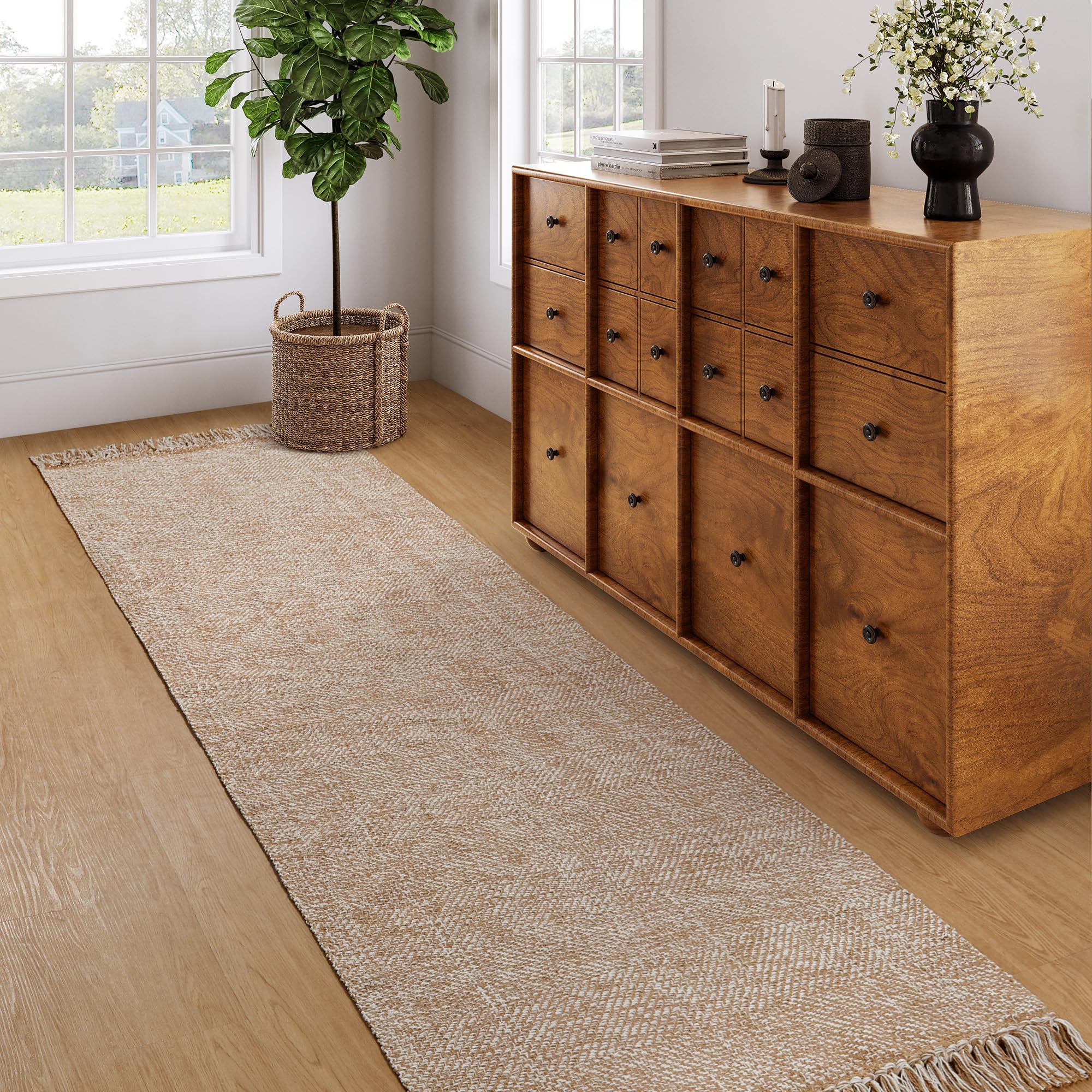 Collive Comfy Area Rug 4' x 6', Tan/Cream Woven Cotton Bedroom Rugs, Modern Indoor Accent Rug Floor Carpet with Tassel for Living Room, Nursery Room, Dining Room, Bedside, Office, Patio Decor