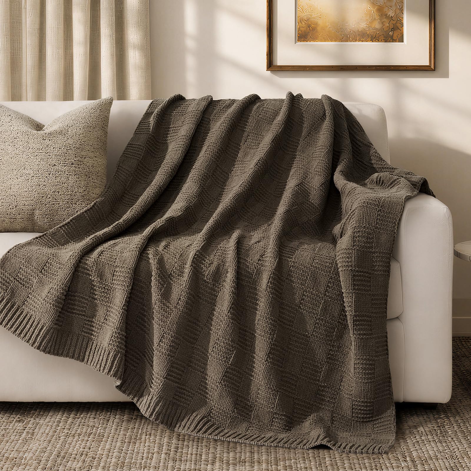 EVERGRACEHOME Chunky Chenille Knit Throw Blanket for Couch, Soft Luxurious Moss Stitch Blankets for Bed, Cozy Decorative Farmhouse Knitted Throws for Sofa, Mocha Brown, 50" x 60"