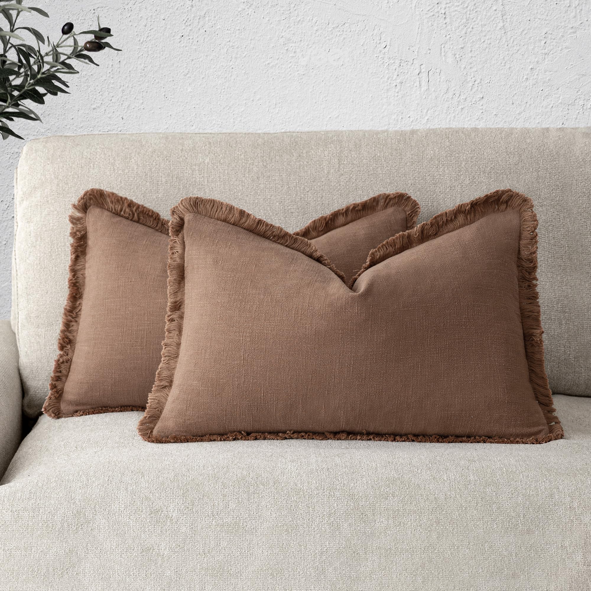 Foindtower Set of 2 Decorative Linen Fringe Throw Pillow Covers Boho Farmhouse Cushion Cover with Tassels Soft Accent Pillowcase for Couch Chair Sofa Bed Living Room Home Decor,20×20 Inch,Sky Blue