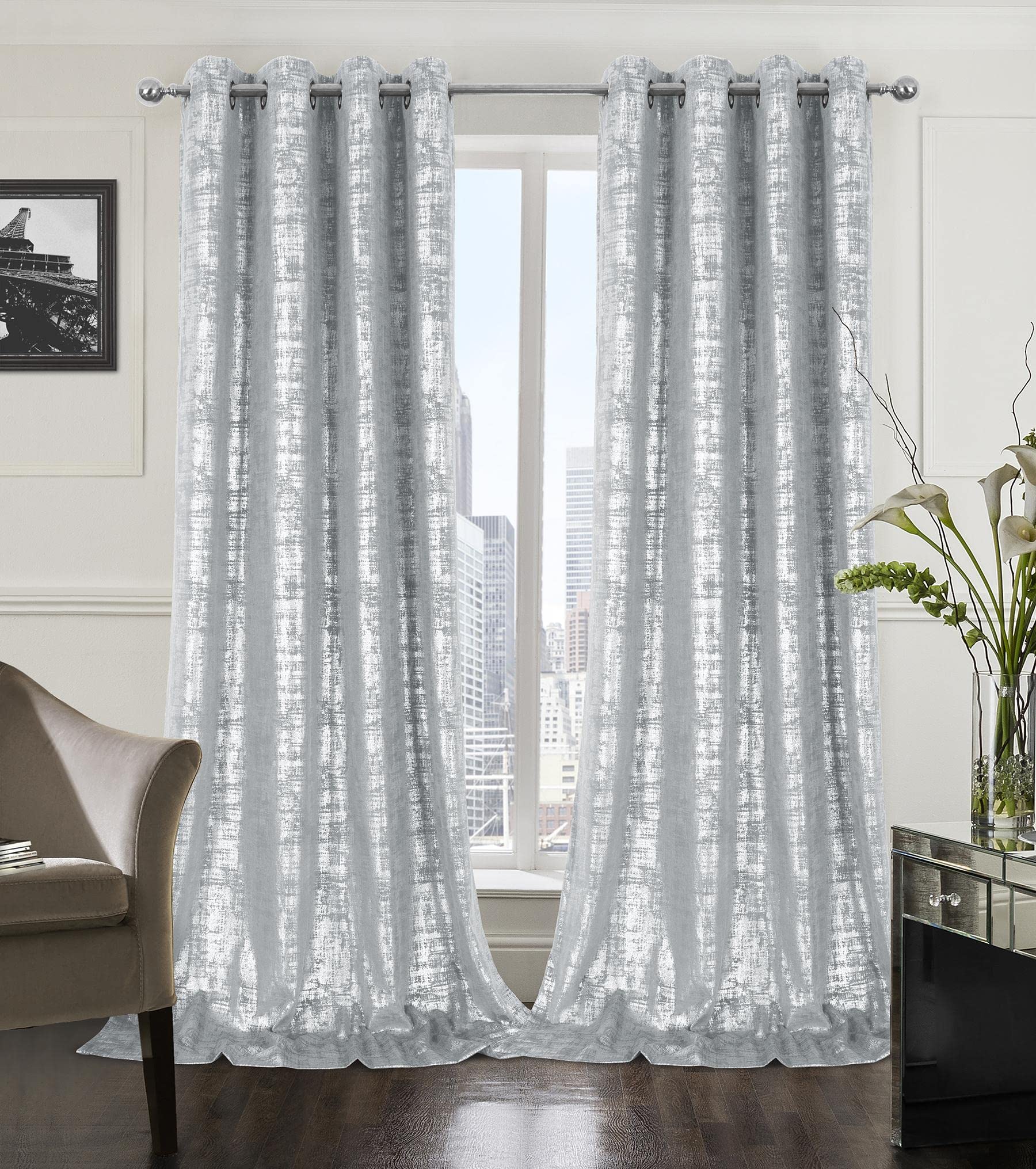Mocha Velvet 108" Long Curtains with Gold Foil Print Set of 2 Luxury Window Treatments