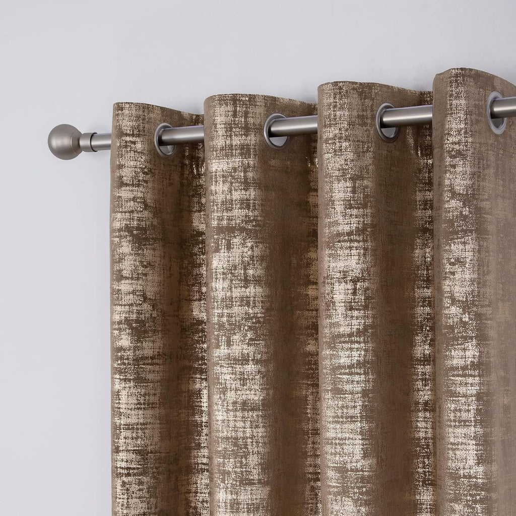 Mocha Velvet 108" Long Curtains with Gold Foil Print Set of 2 Luxury Window Treatments