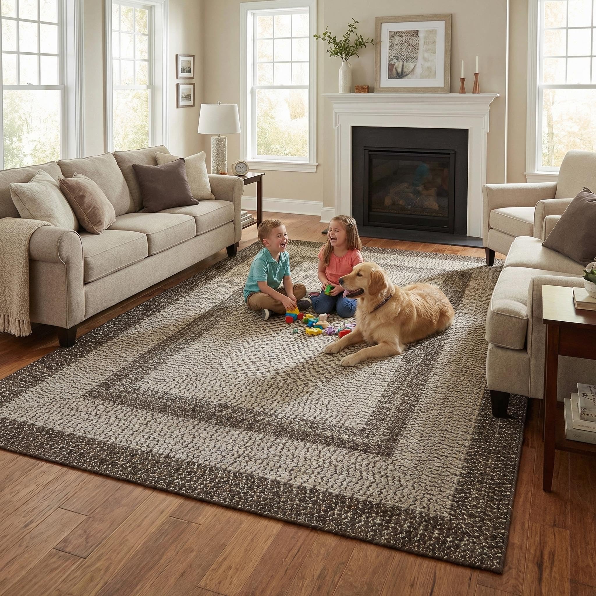 8x10 Natural Braided Washable Farmhouse Rug Non Slip Stain Resistant Low Pile Carpet