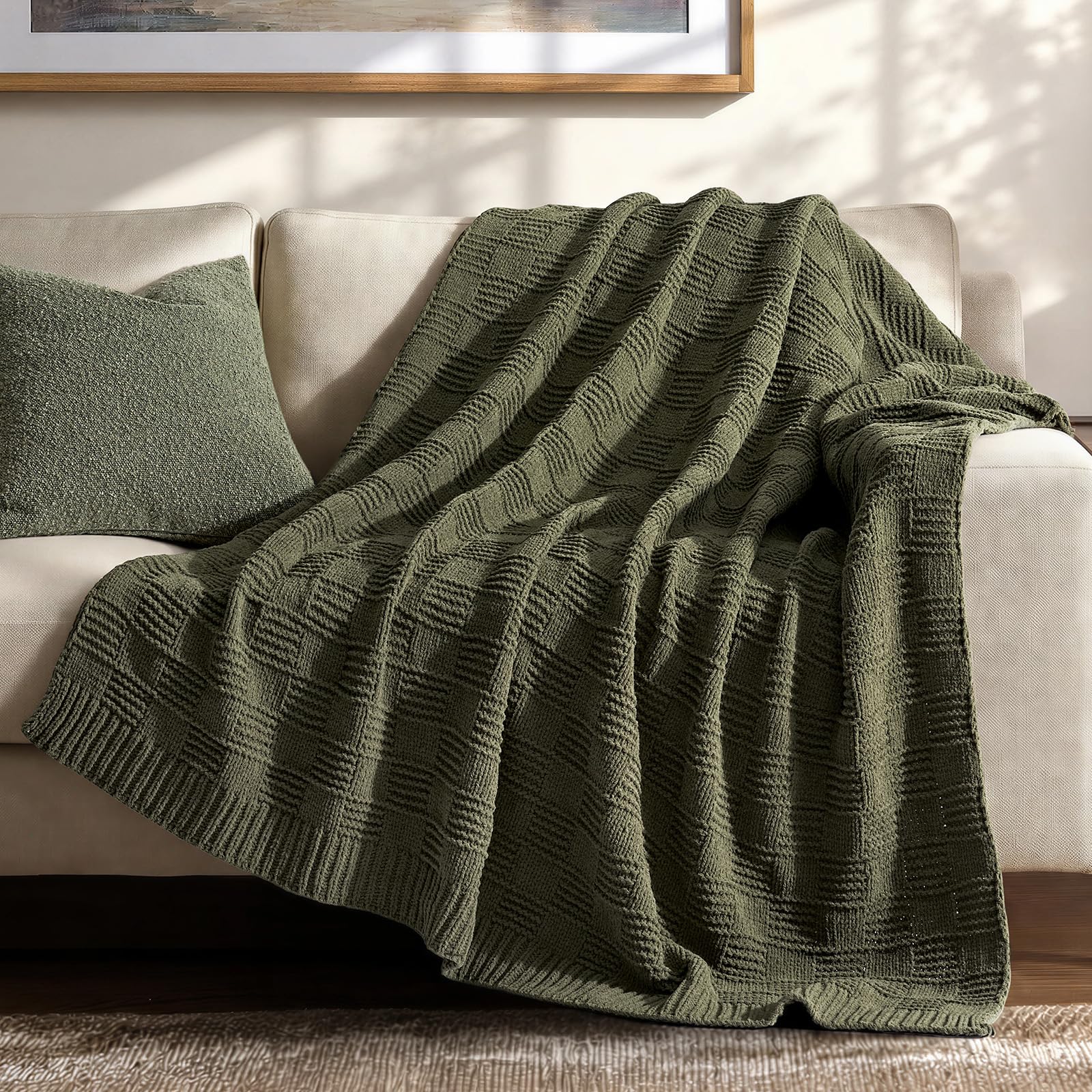 EVERGRACEHOME Chunky Chenille Knit Throw Blanket for Couch, Soft Luxurious Moss Stitch Blankets for Bed, Cozy Decorative Farmhouse Knitted Throws for Sofa, Mocha Brown, 50" x 60"