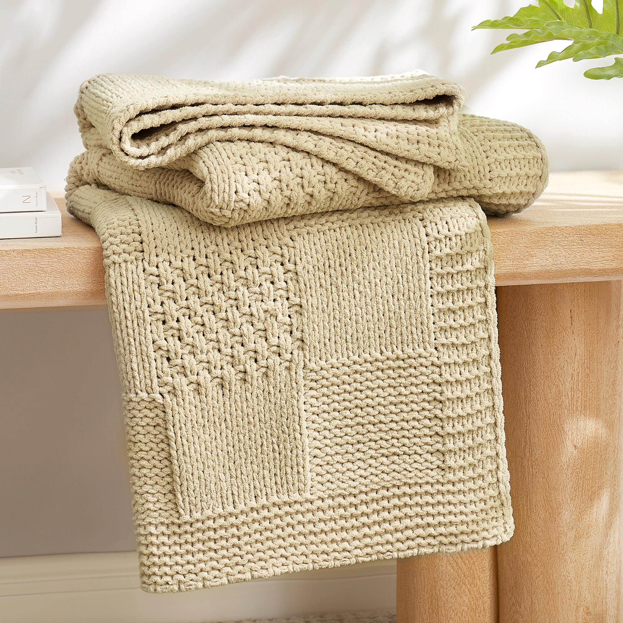 Sage Green Chunky Chenille Knit Throw Blanket 50x60 Inch Checkered Decor Blanket for Couch Bed