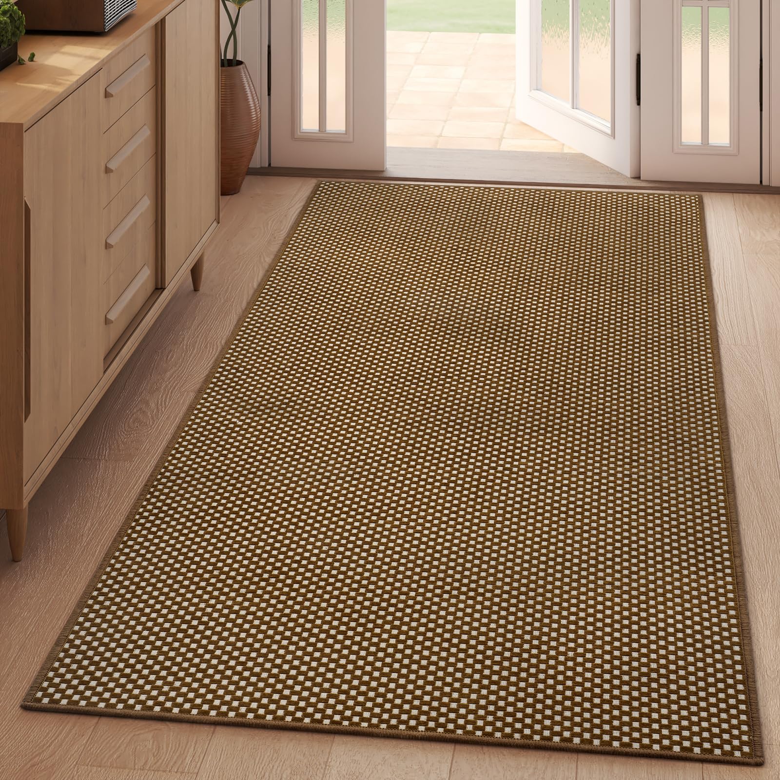 YDKGL Boho Washable Area Rugs 5x7 ft, Non Slip Area Rug for Living Room, Braided Office Rugs Bedroom Rug Woven Washable Indoor Floor Carpets for Office Dining Bedroom Living Room, Easy to Clean, Brown