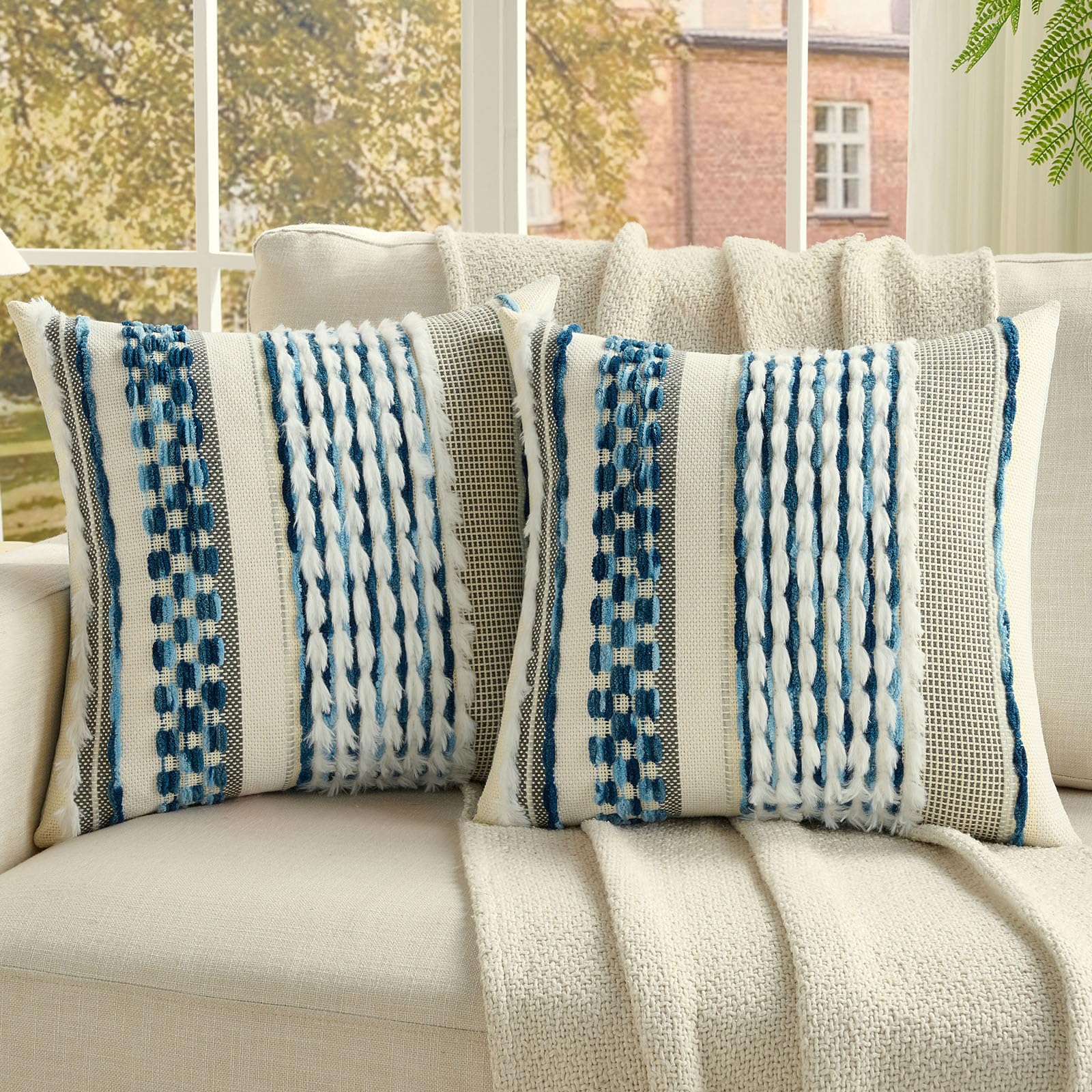 FUTEI Pack of 2 Boho Chenille Decorative Throw Pillow Covers 18x18 Inch Soft Plush Tufted Striped Textured Cushion Case,Farmhouse Accent for Couch Bed Living Room, Orange