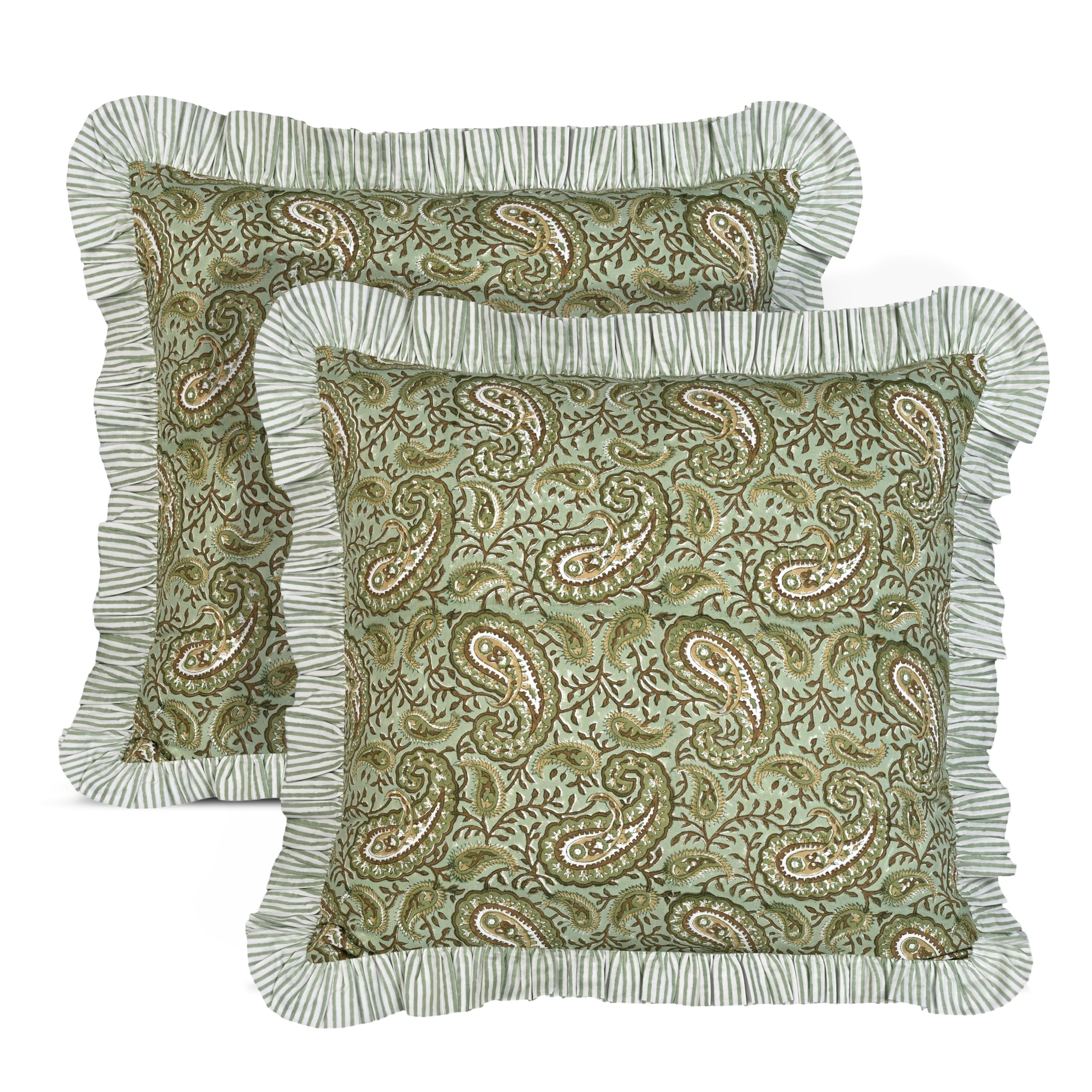 Ridhi Block Print Light Steel Blue Throw Pillow Cover 18" x 18" (Pack of 2) Decorative Cushion Covers with Ruffle for Couch, Sofa, Bed, Living Room, Home Decor Gift for Spring, Easter, Valentine