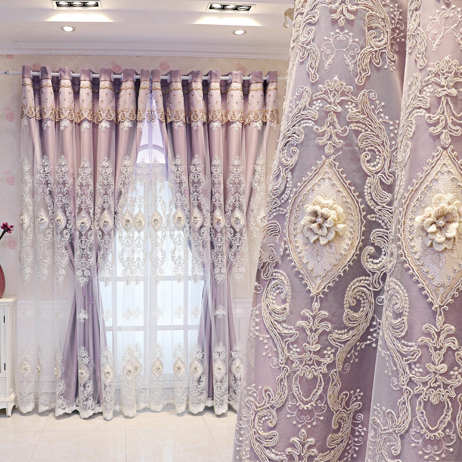 European Luxury 3D Relief Embroidery Curtains - Double-Layer Blackout Drapes, Flower Embroidered Sheer Yarn, for Living Room & Bedroom (1 Pair, Pink, W51 L84 inch)