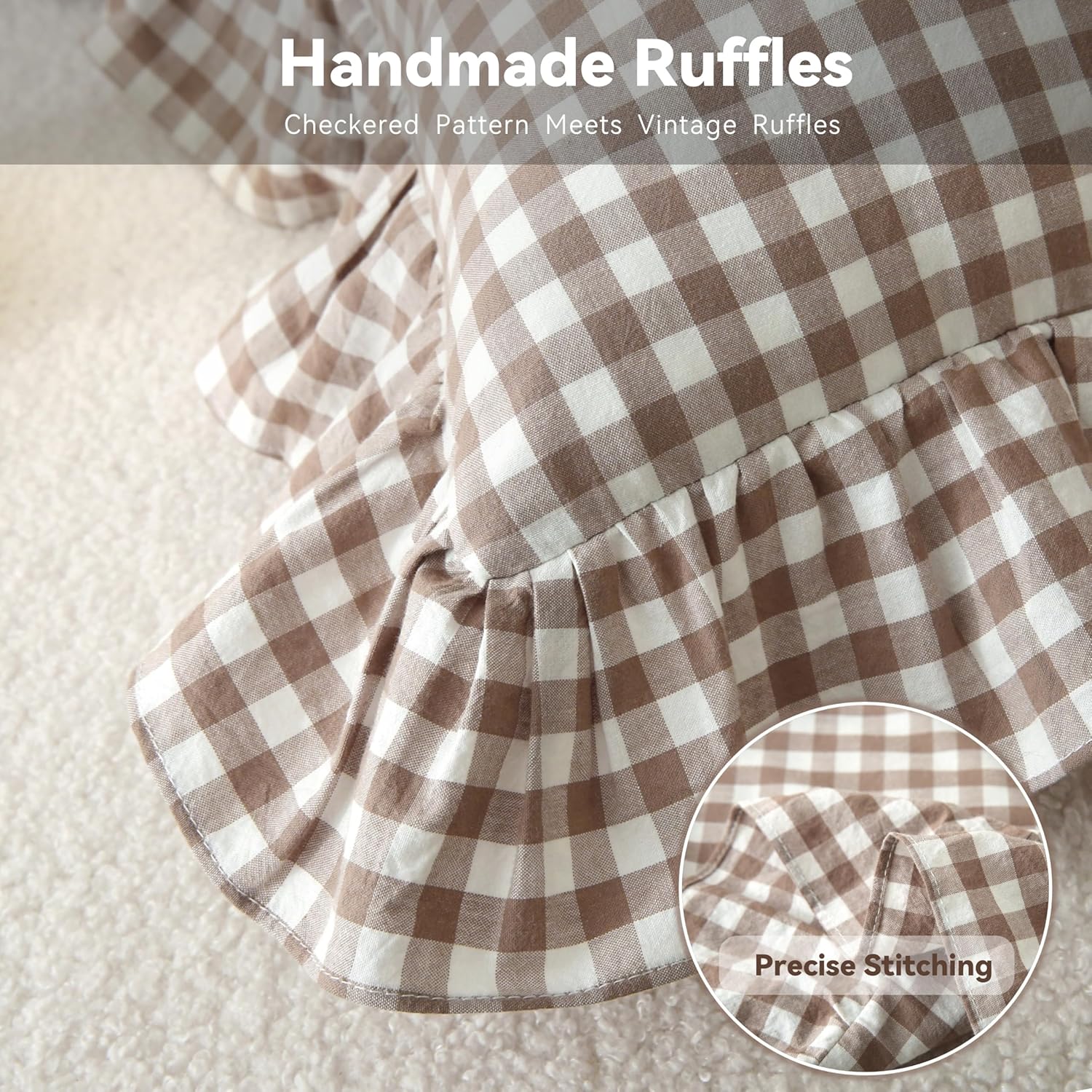 18x18 Taupe White Checkered Cotton Pillow Covers Ruffle Trim Zipper Decor Cushion Cases Set of 2