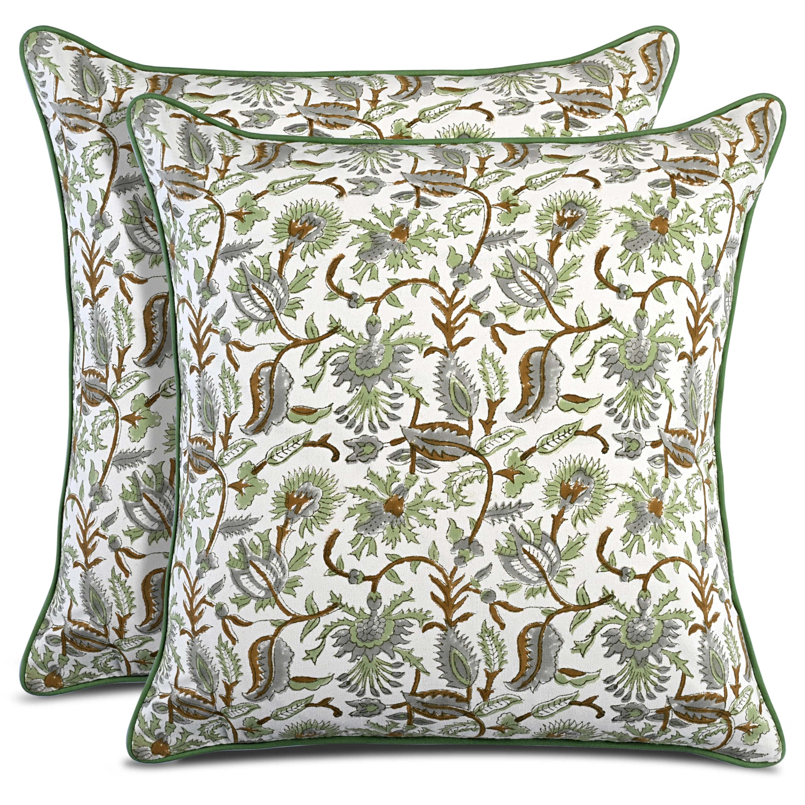 CPC 100% Cotton Throw Pillow Covers 24x24 Inch, Set of 2 Green Block Print Pattern Couch Pillow, Cute Boho Decorative Pillows for Living Room, Bedroom with Hidden Zipper- Emerald Green
