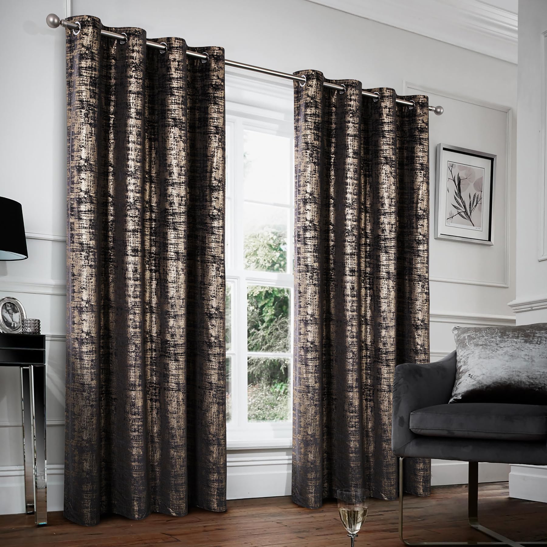 Mocha Velvet 108" Long Curtains with Gold Foil Print Set of 2 Luxury Window Treatments