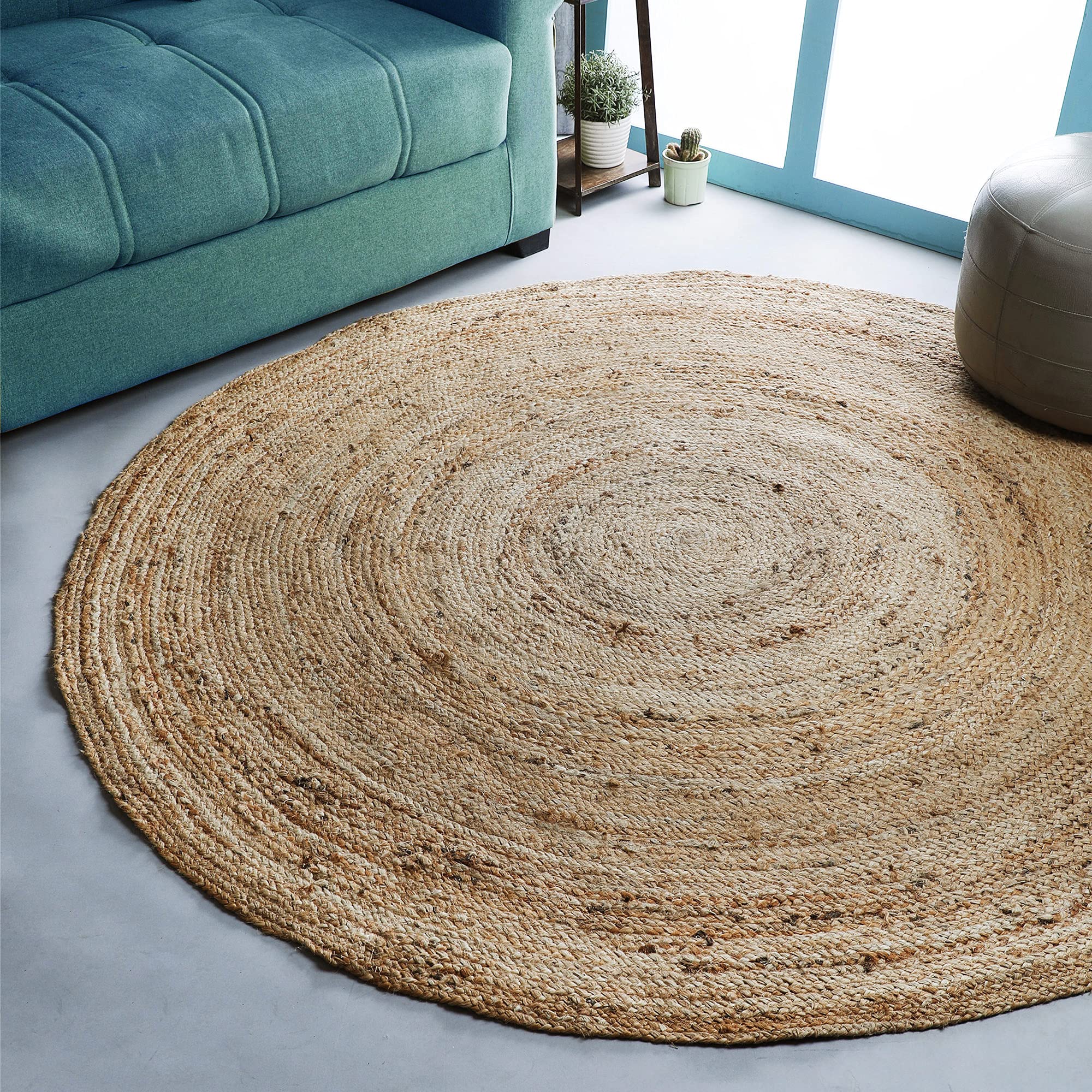 Hausattire Hand Woven Jute Braided Rug, 4’ Round – Natural, Reversible Boho Entry Area Rugs for Kitchen, Living Room I Farmhouse Decorative Floor Rug, 4 Feet Round