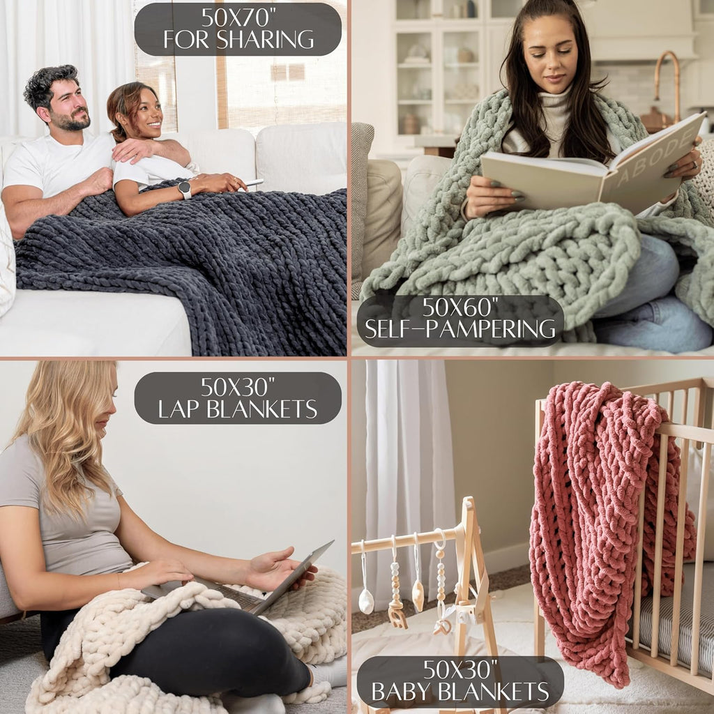 SAMIAH LUXE Chunky Knit Throw Blanket 50x70, Sage Green Chenille Throw Blanket for Couch Bed Sofa, Soft Fluffy Cable Knit Blanket, Oeko-TEX Certified, Machine Washable