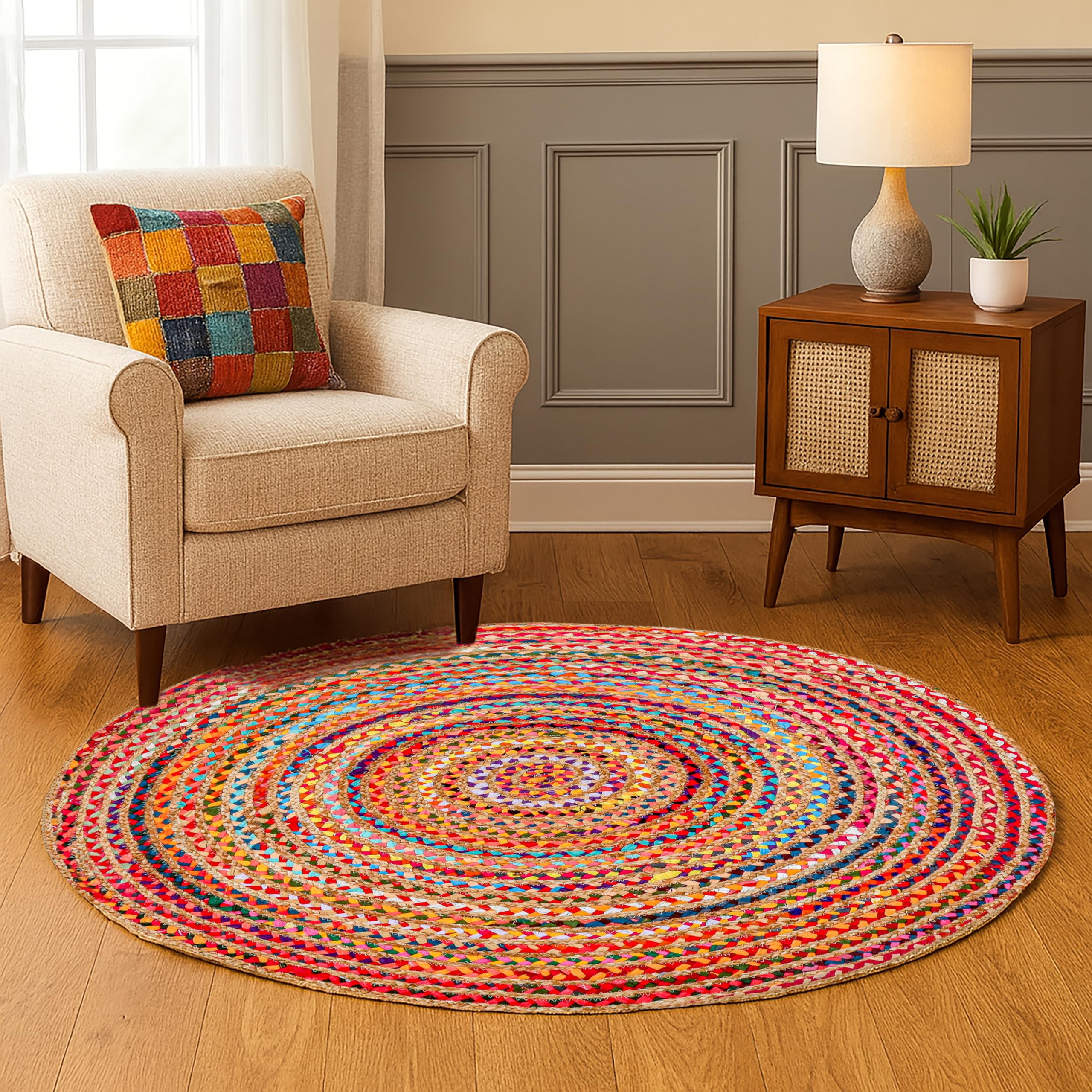 Hausattire Hand Woven Jute Braided Rug, 4’ Round – Natural, Reversible Boho Entry Area Rugs for Kitchen, Living Room I Farmhouse Decorative Floor Rug, 4 Feet Round