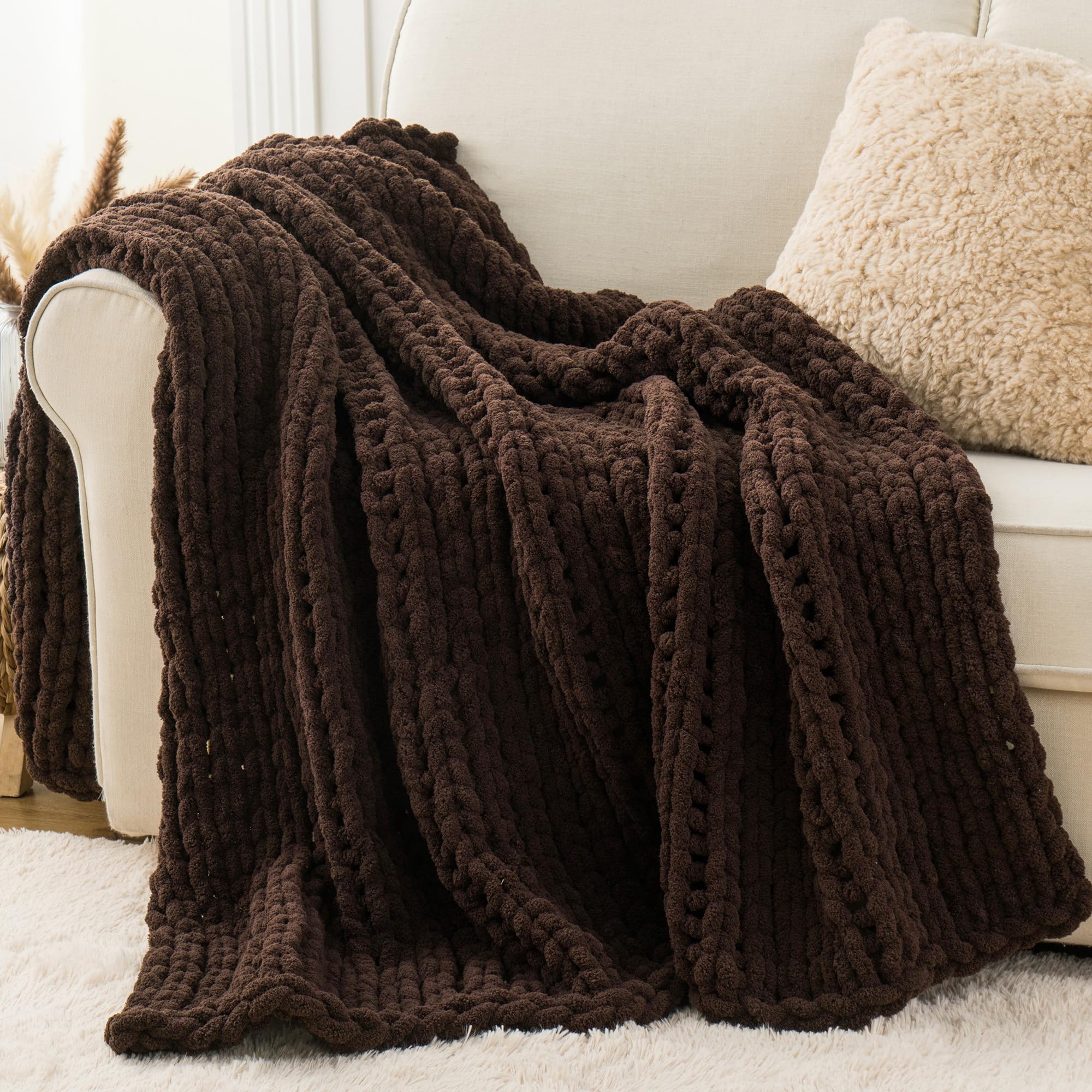 Battilo Chunky Knit Throw Blanket for Couch, Soft and Thick Chenille Throw Blanket, 50"x60" Handmade Cable Knit Crochet Blanket, Bluish Grey Knot Knitted Throw Blankets for Home Decor, Bluish Grey