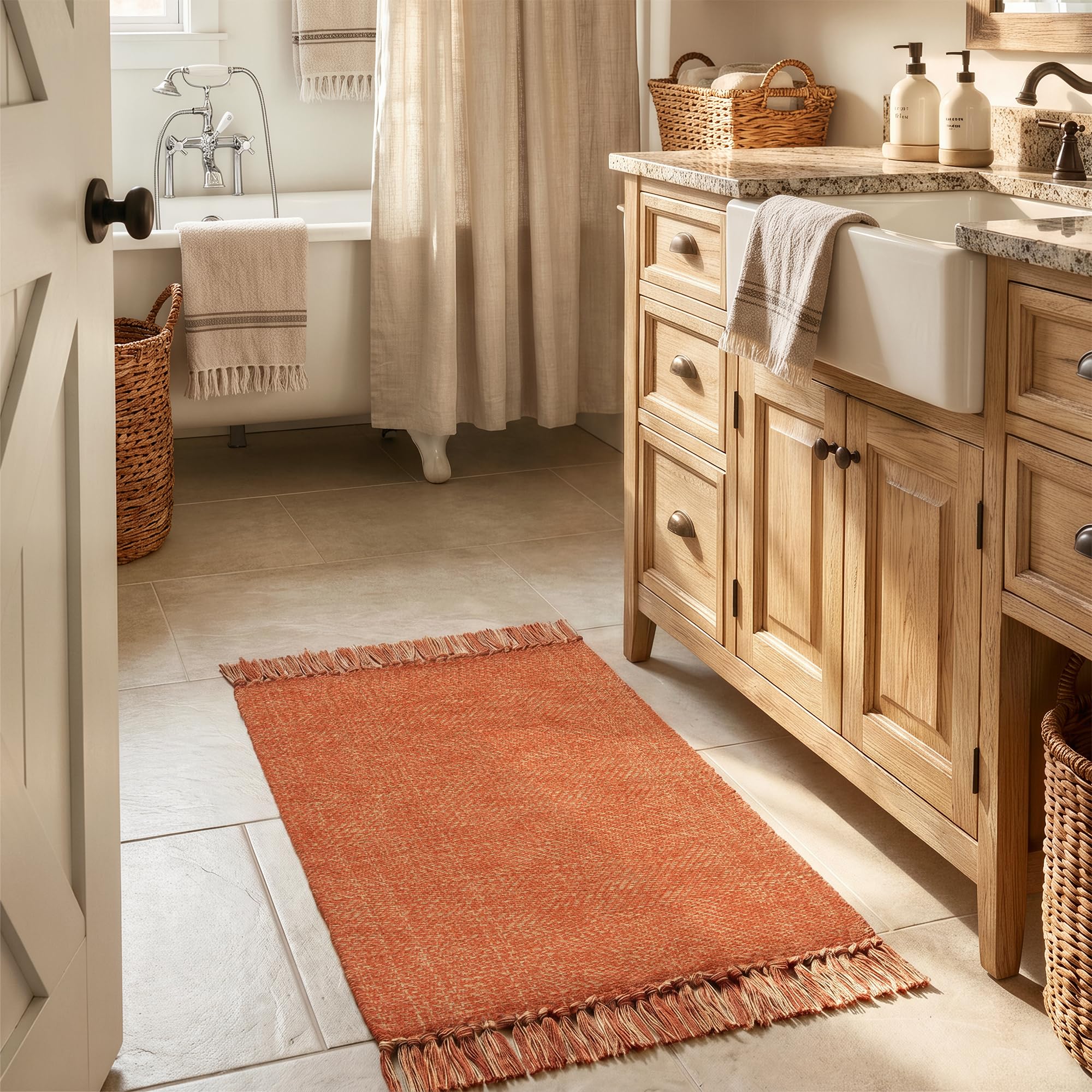 Collive Comfy Area Rug 4' x 6', Tan/Cream Woven Cotton Bedroom Rugs, Modern Indoor Accent Rug Floor Carpet with Tassel for Living Room, Nursery Room, Dining Room, Bedside, Office, Patio Decor