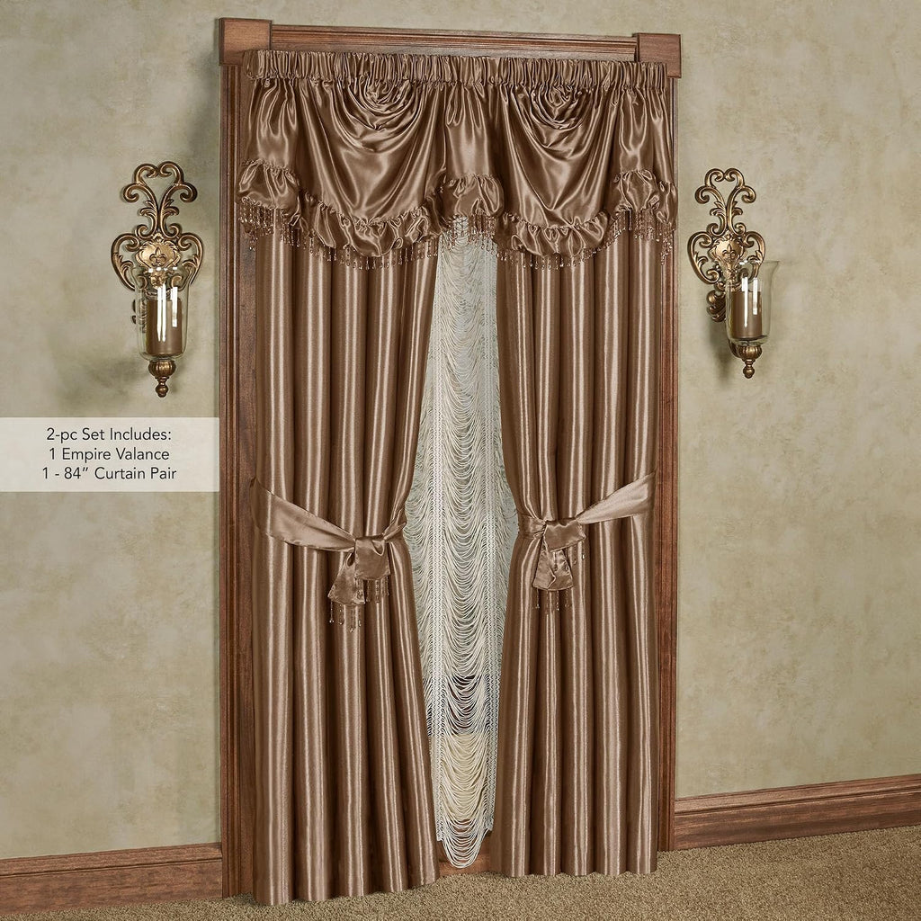 Touch of Class Portia Luxury Window Treatment | Rich Smoky Topaz | Premier Smooth Polyester Satin Elegant 2 Piece Lined Window Drapery Set with Empire Valance and 84 Inch Long Curtain Pair