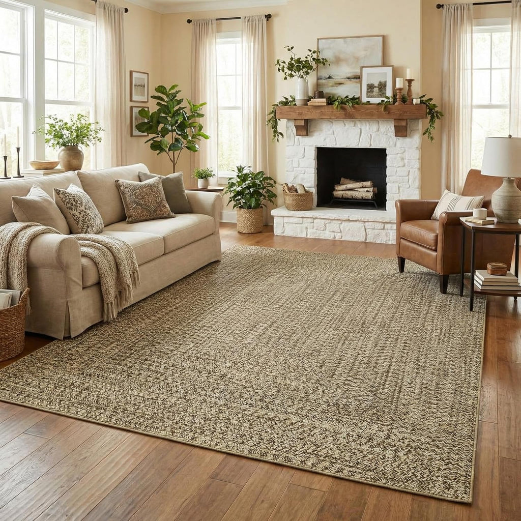 8x10 Natural Braided Washable Farmhouse Rug Non Slip Stain Resistant Low Pile Carpet