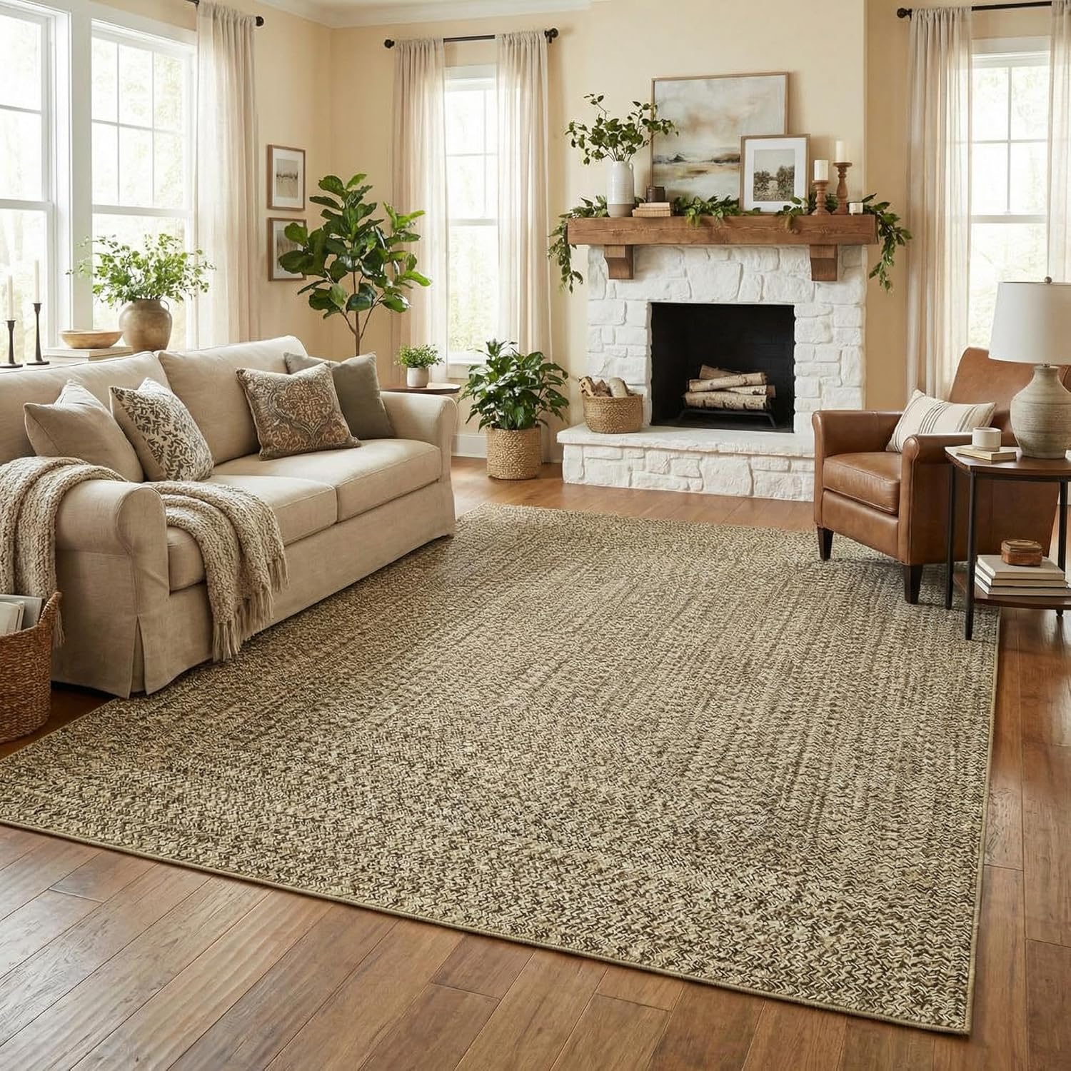 8x10 Natural Braided Washable Farmhouse Rug Non Slip Stain Resistant Low Pile Carpet