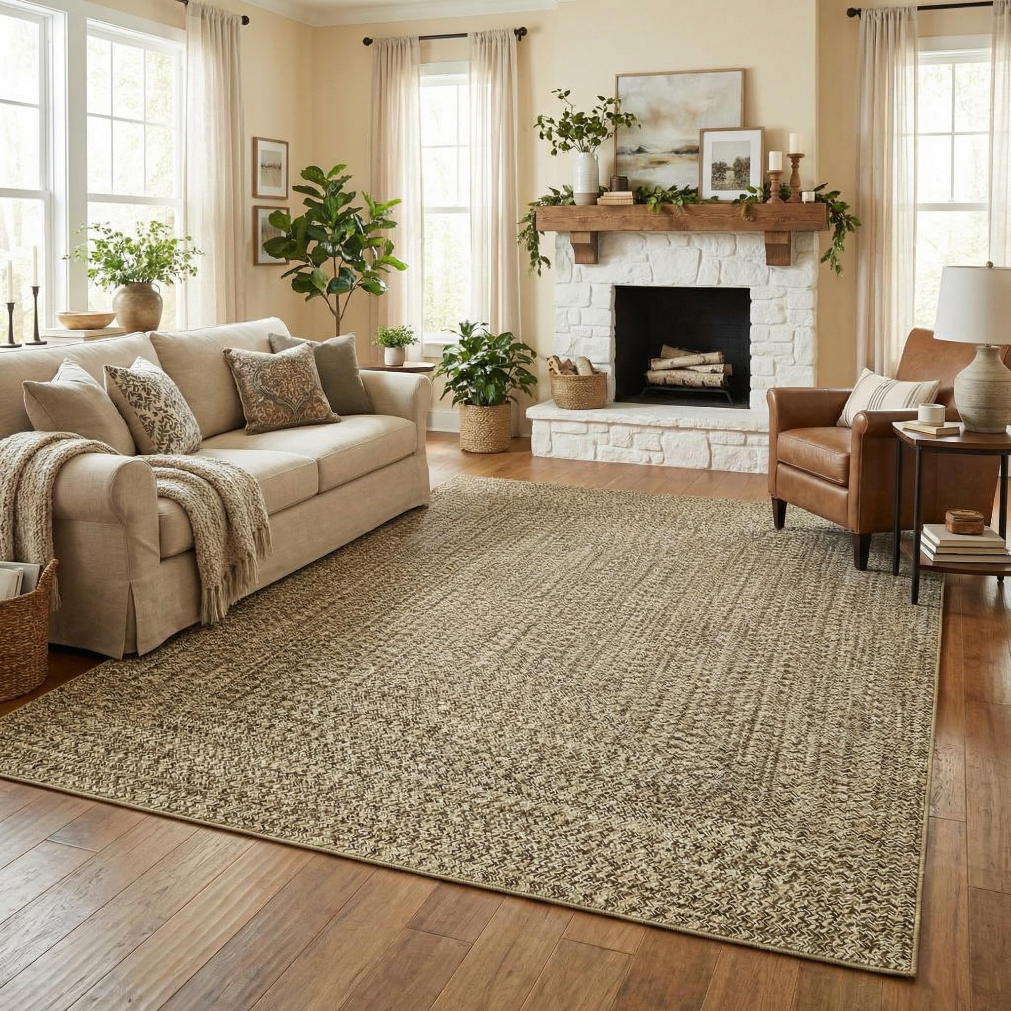 8x10 Natural Braided Washable Farmhouse Rug Non Slip Stain Resistant Low Pile Carpet